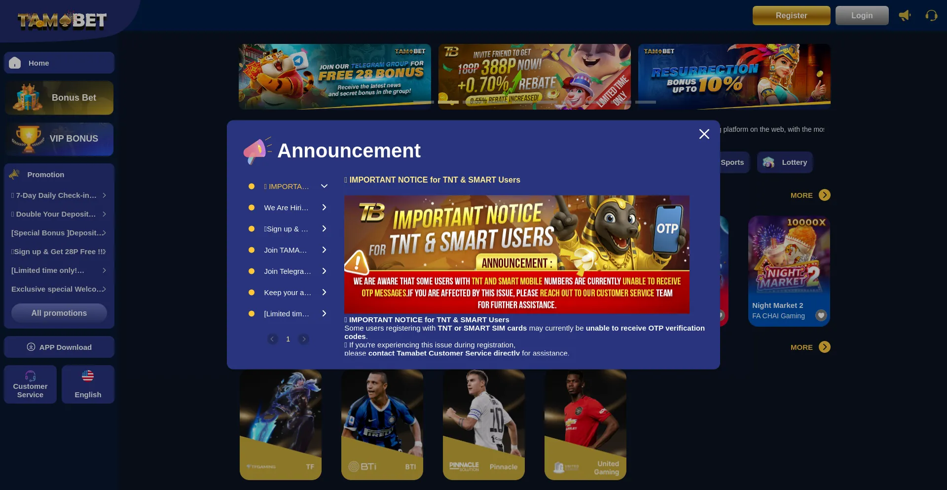 Website screenshot of Tamabet.bet