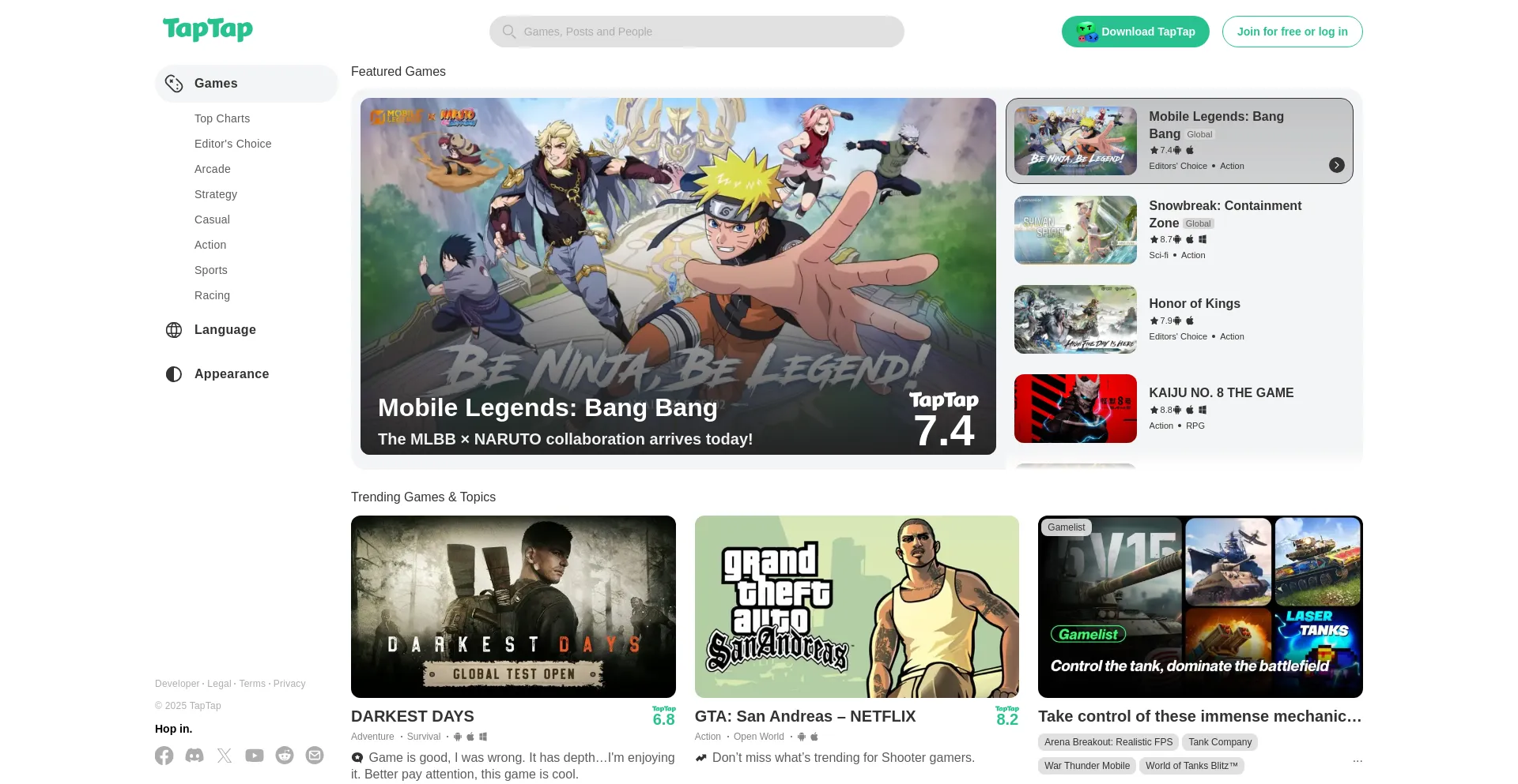 Website screenshot of Taptap.io
