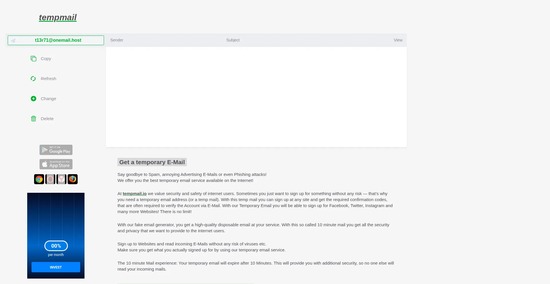 Website screenshot of Tempmail.io