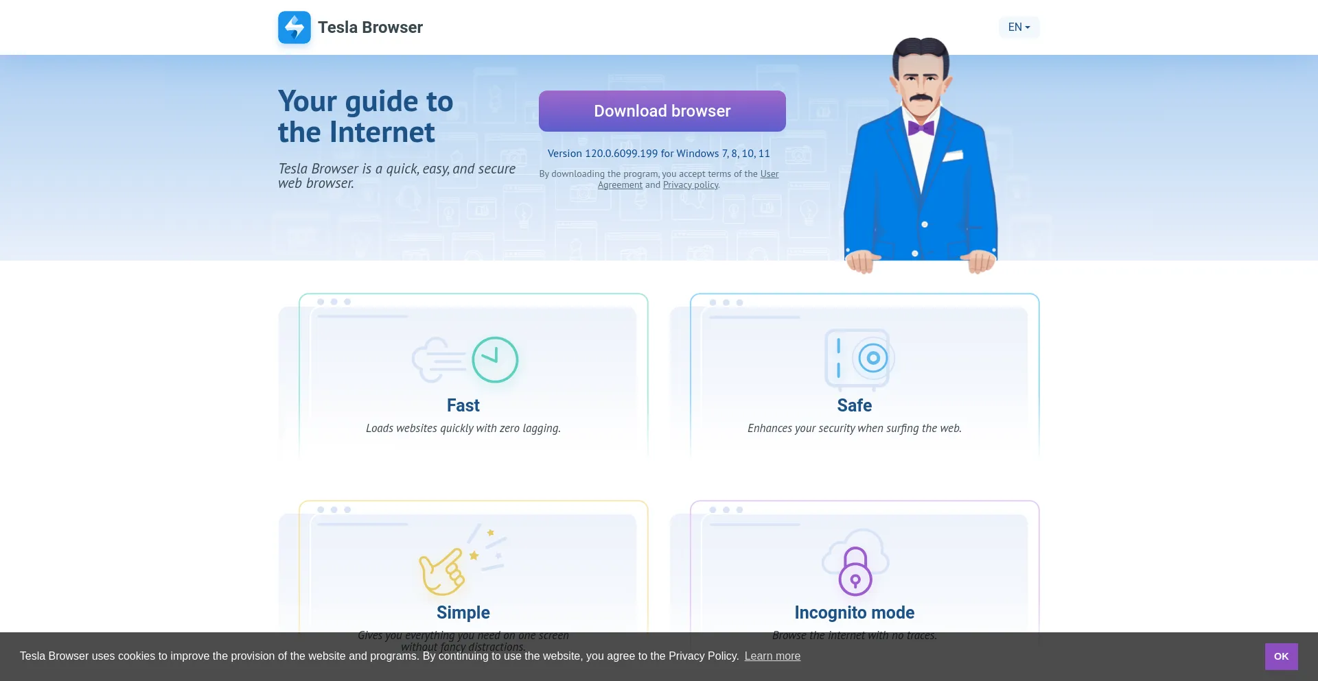 Website screenshot of Teslabrowser.com