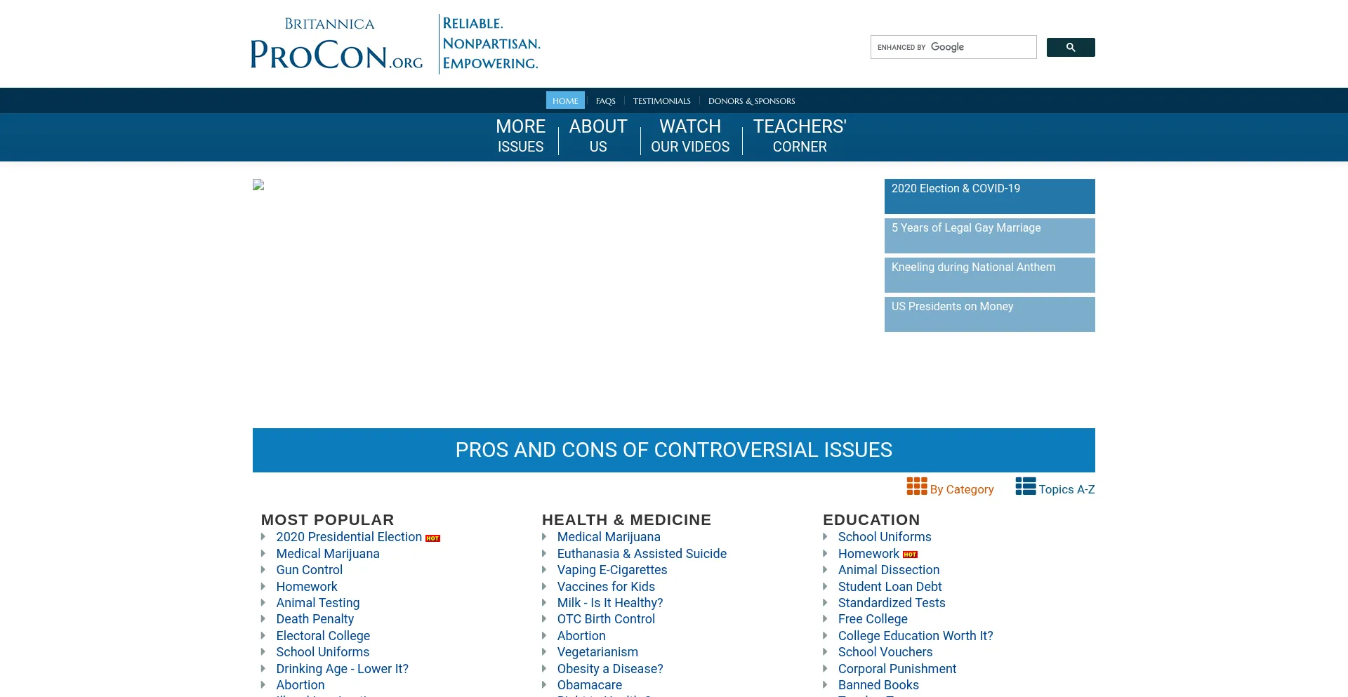 Website screenshot of Testing-www.procon.org