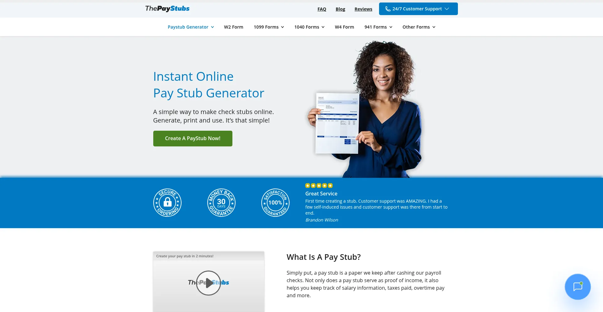 Website screenshot of Thepaystubs.com