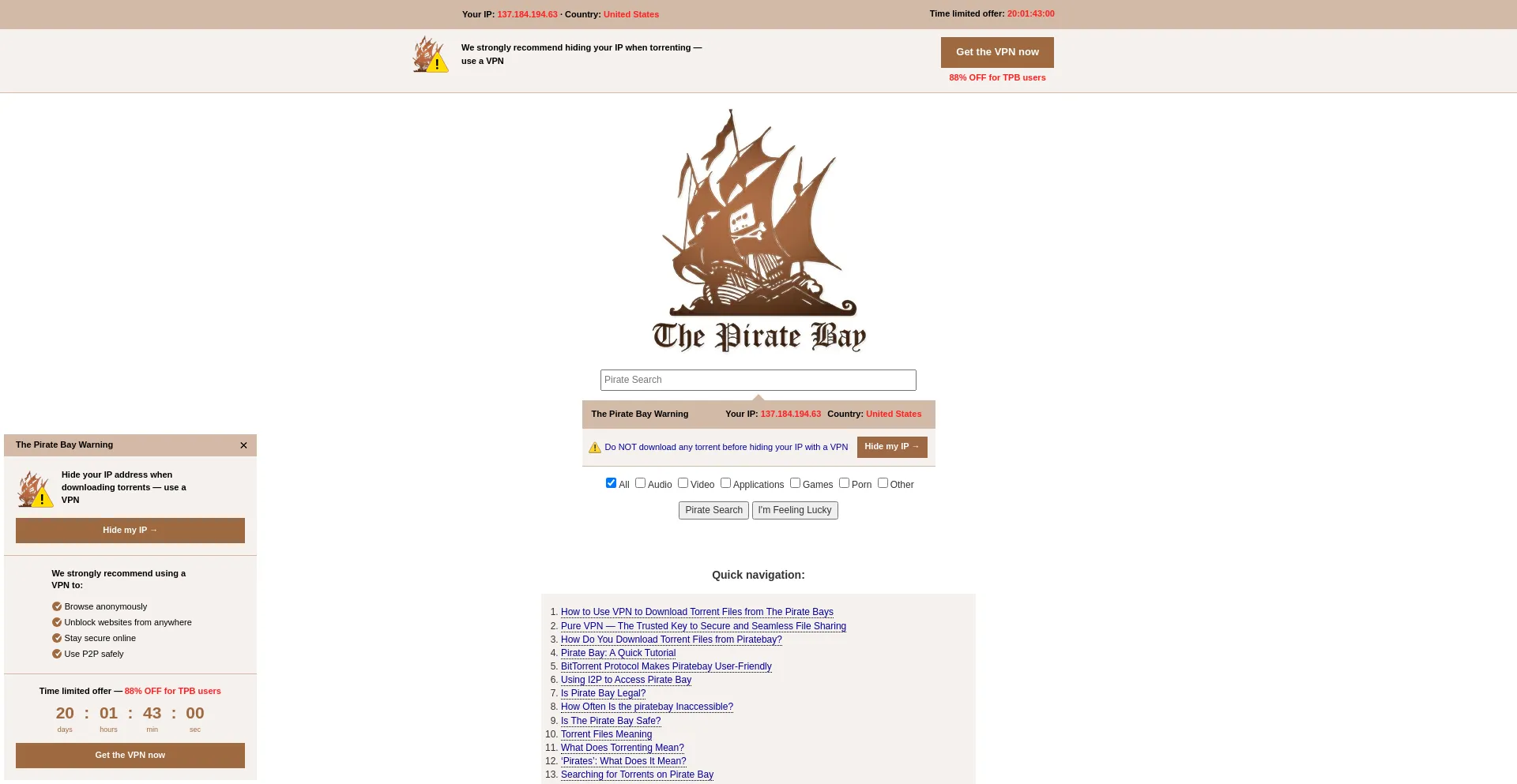Website screenshot of Thepiratesproxy.org