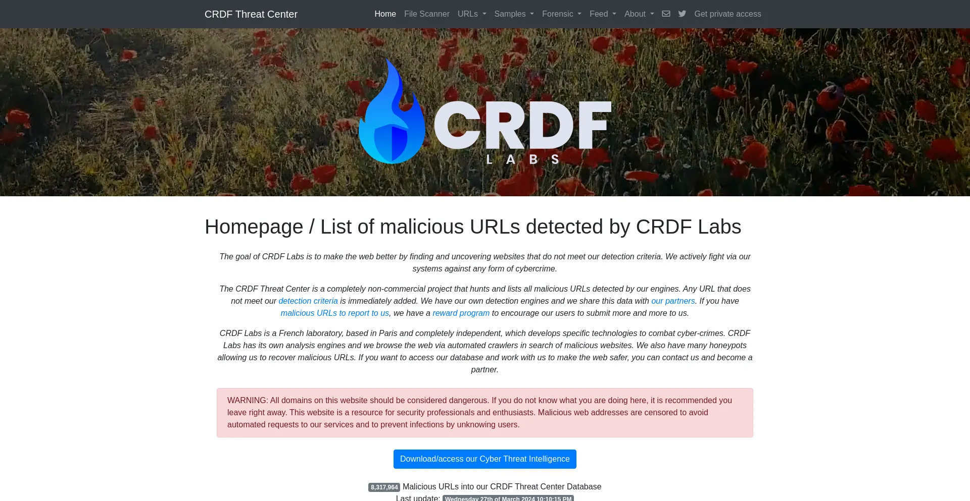 Website screenshot of Threatcenter.crdf.fr