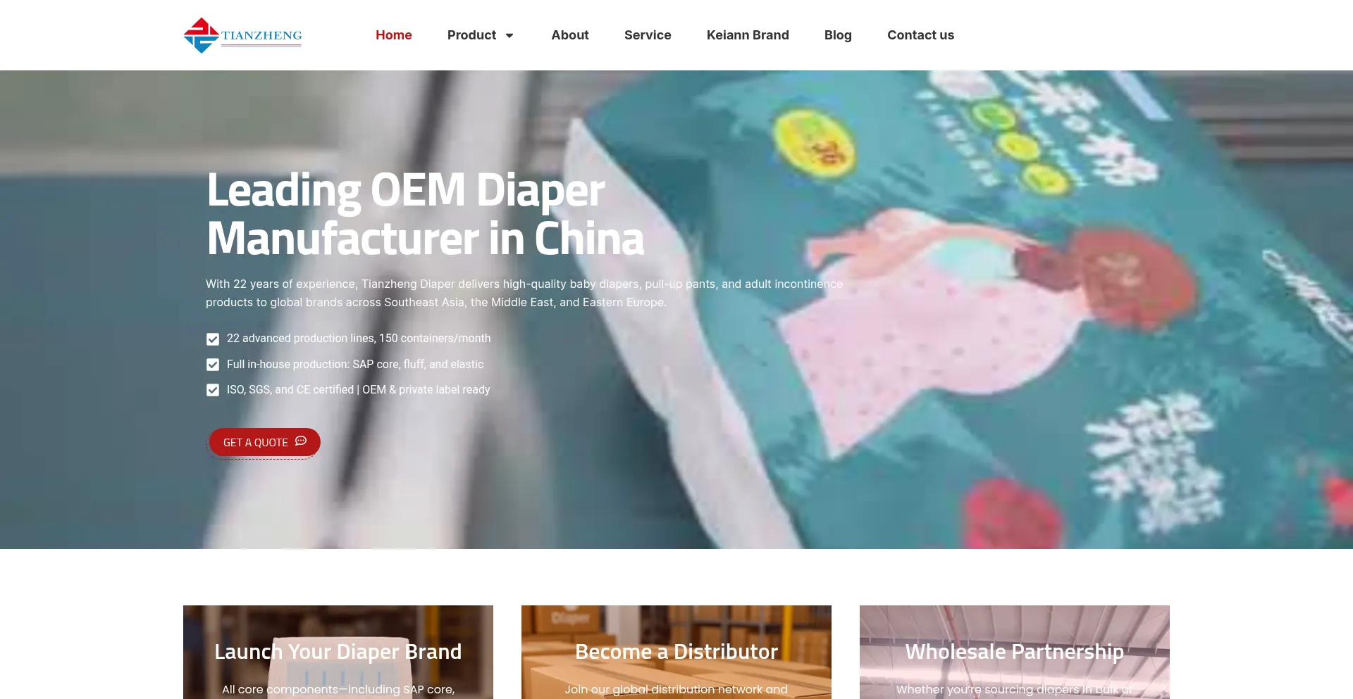 Website screenshot of Tianzhengdiaper.com