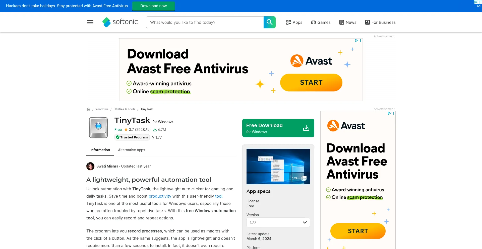 Website screenshot of Tinytask.en.softonic.com