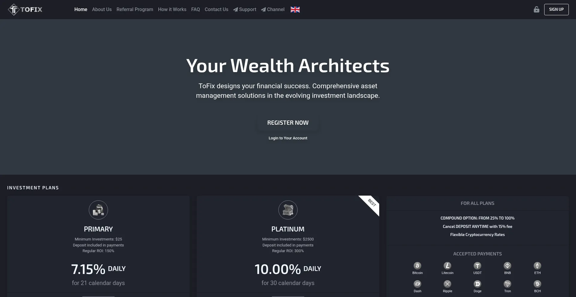 Website screenshot of Tofix.io