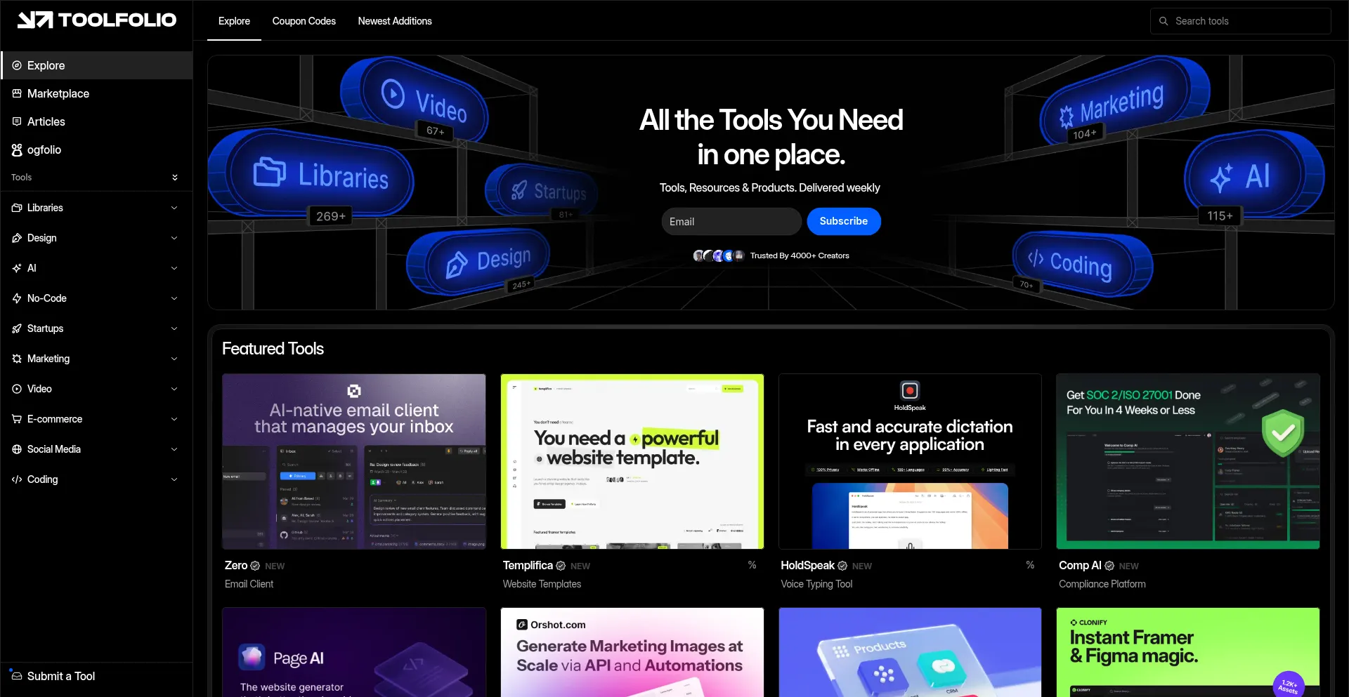 Website screenshot of Toolfolio.io
