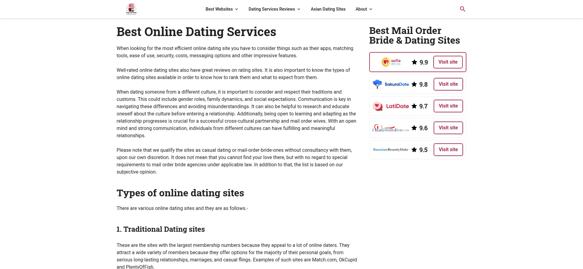 Website screenshot of Toponlinedatingservices.net