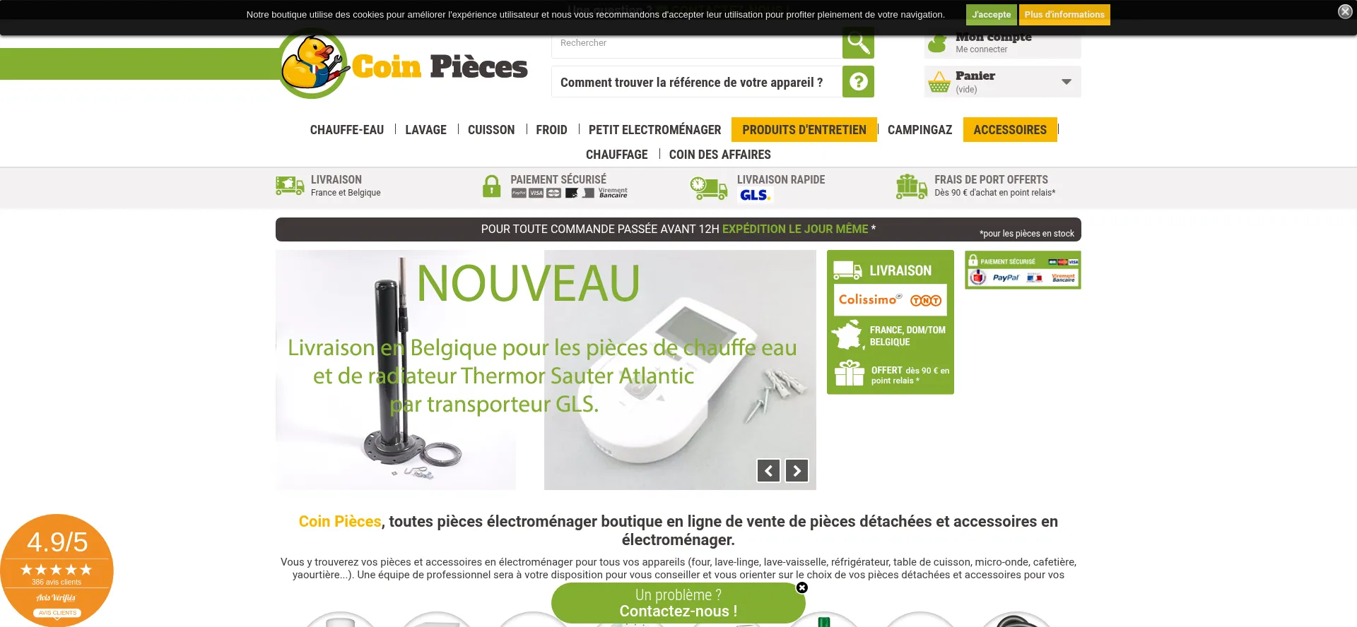 Website screenshot of Toutes-pieces-electromenager.fr