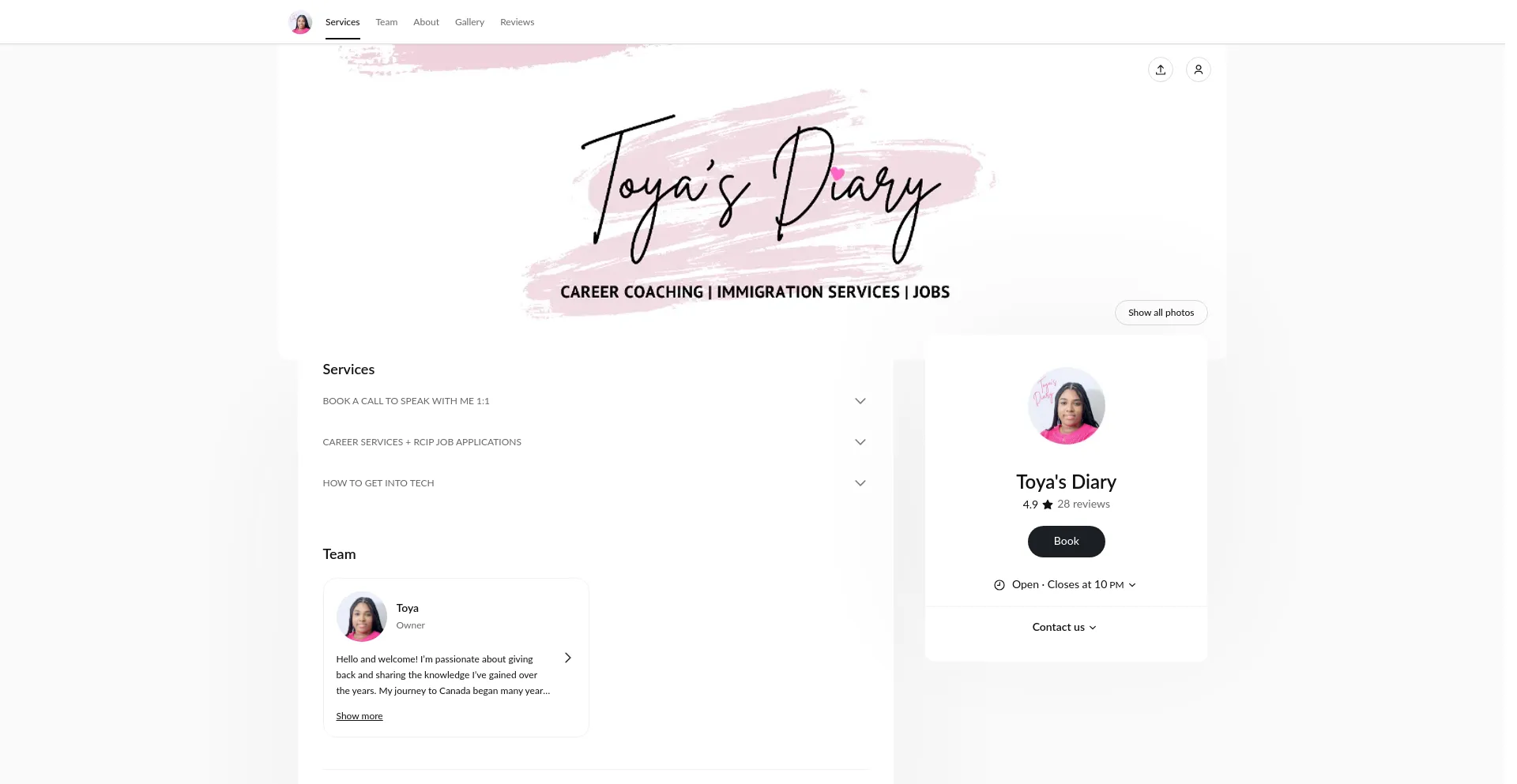 Website screenshot of Toyasdiary.setmore.com