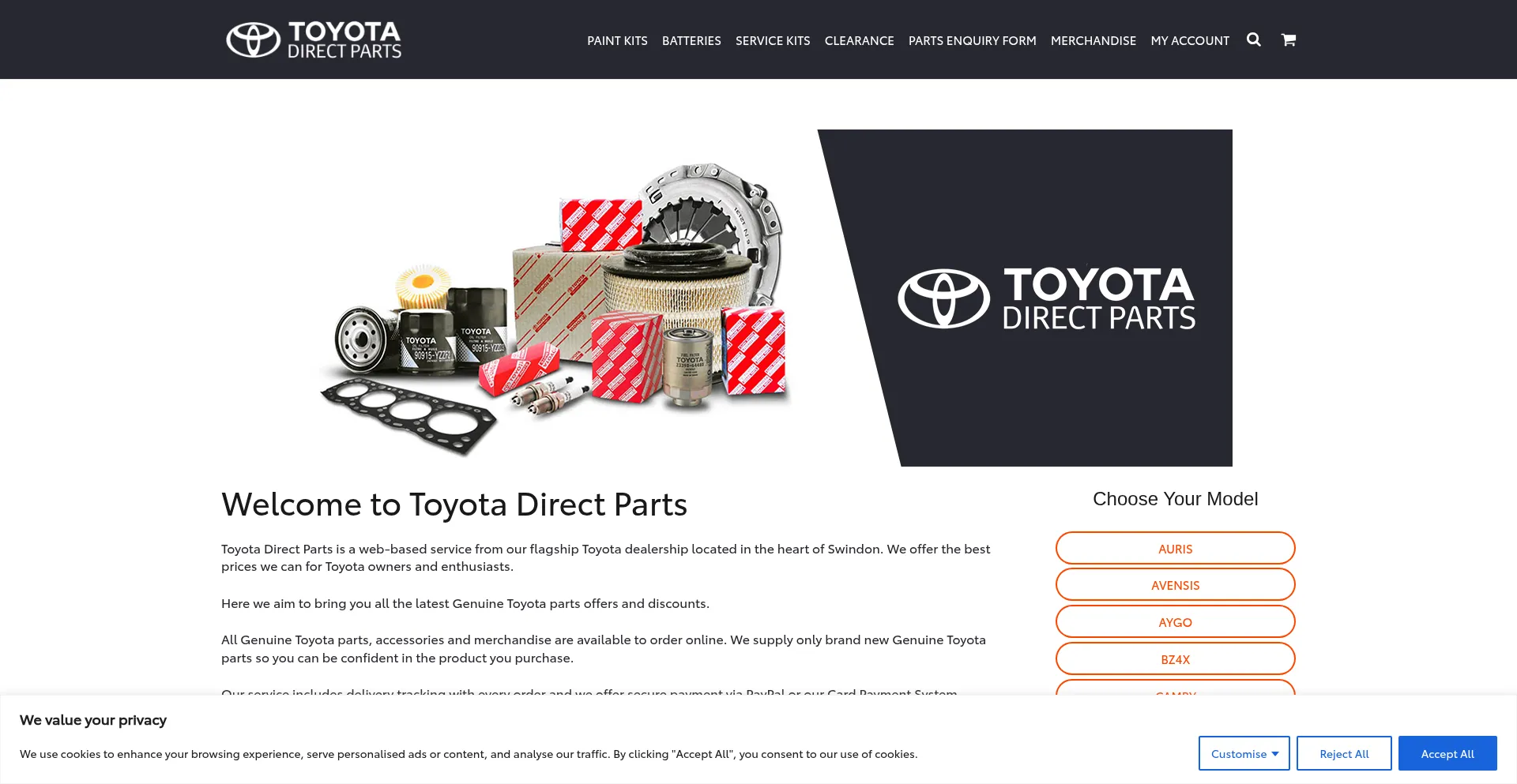 Website screenshot of Toyotadirectparts.co.uk