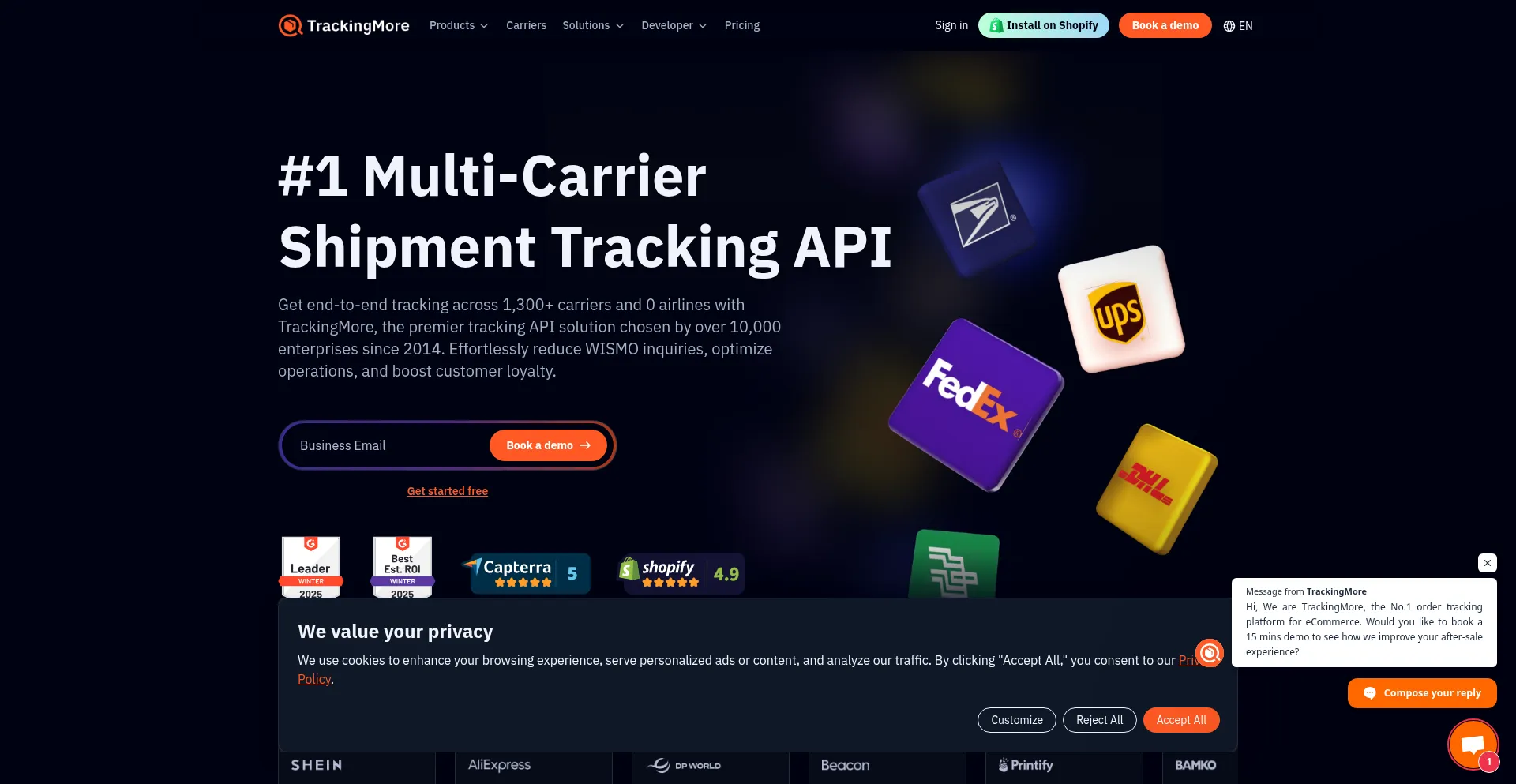 Website screenshot of Trackingmore.com