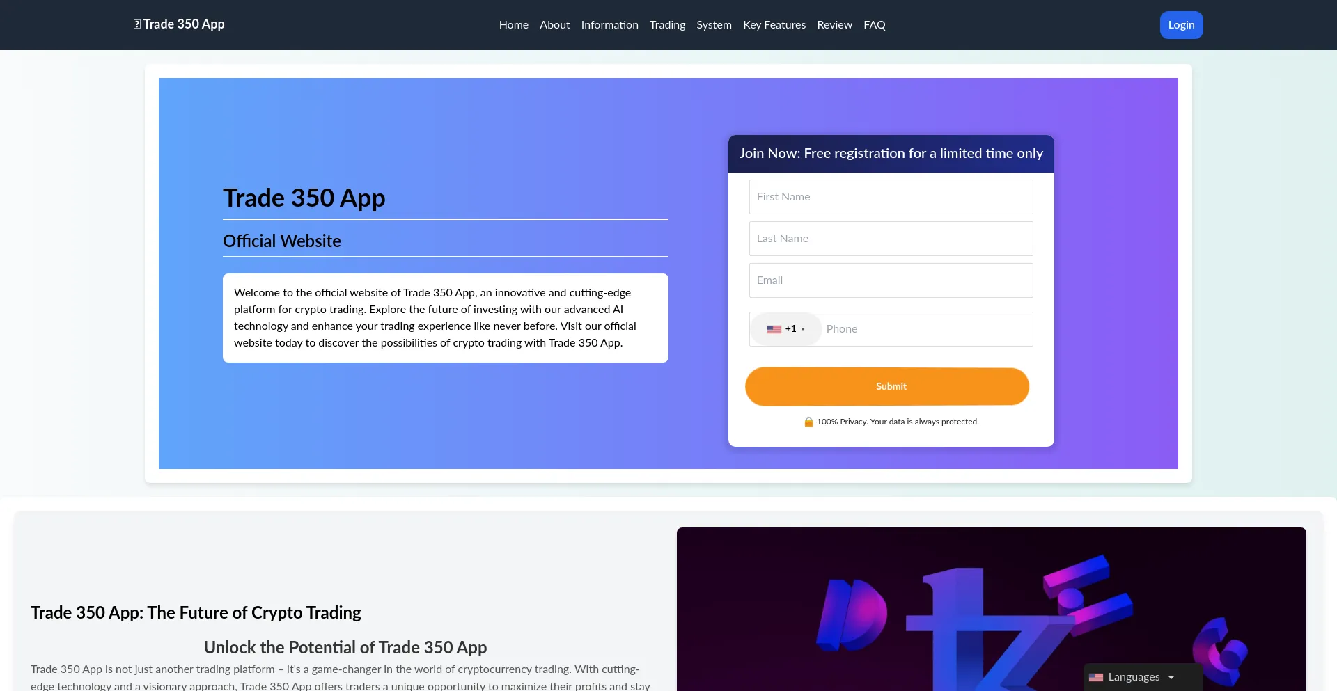 Website screenshot of Trade350app.com