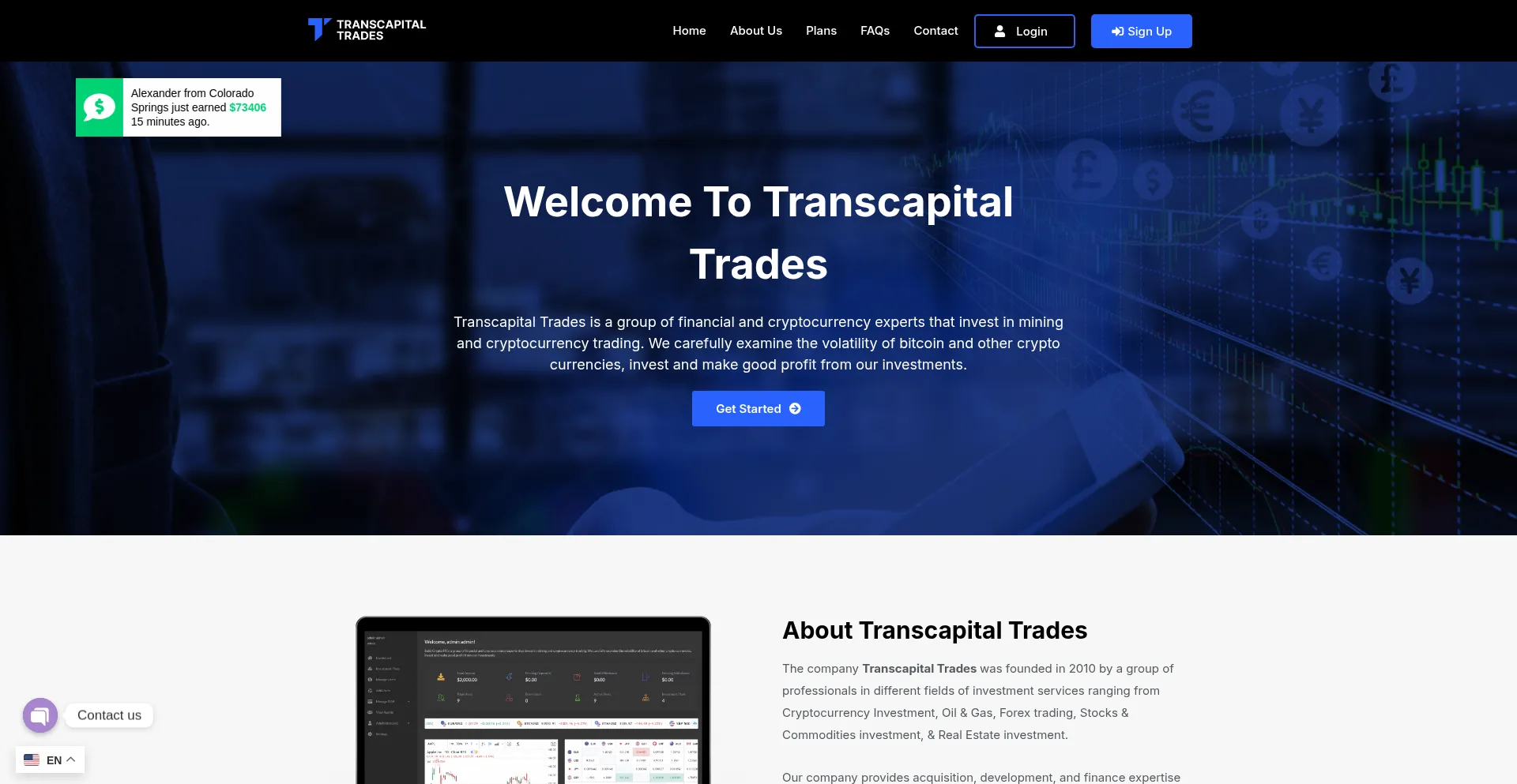 Website screenshot of Transcapitaltrades.com