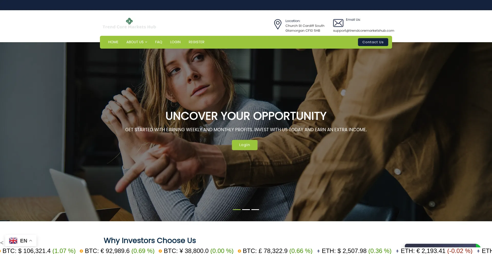 Website screenshot of Trendcoremarketshub.com