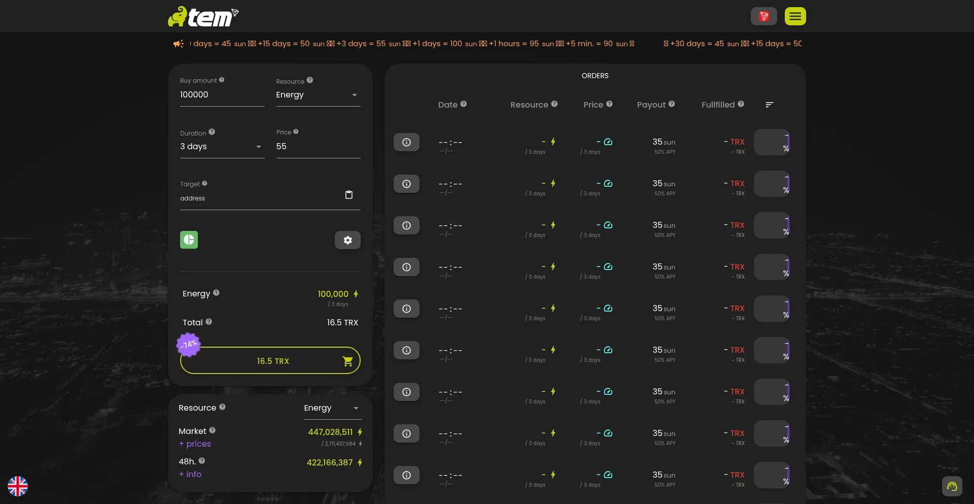 Website screenshot of Tronenergy.market