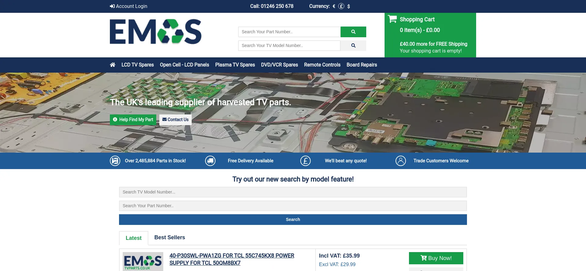 Website screenshot of Tvparts.co.uk