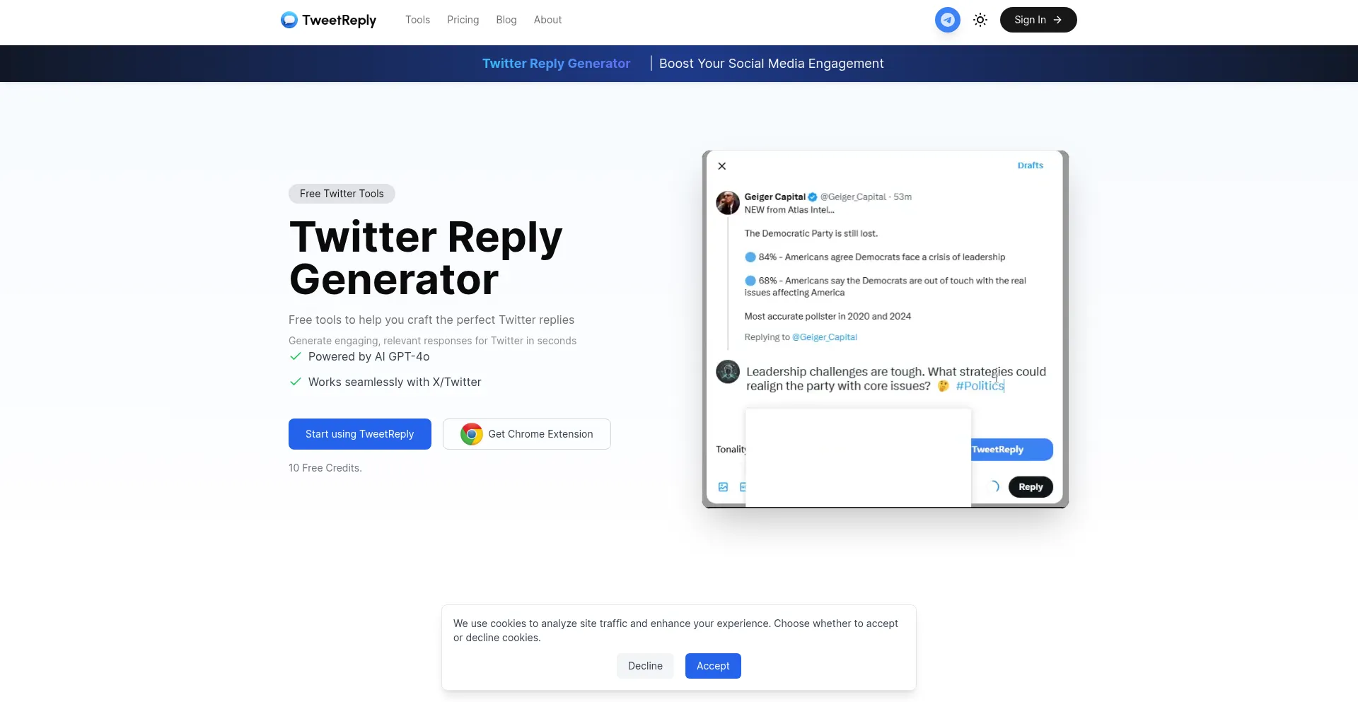 Website screenshot of Tweetreply.com