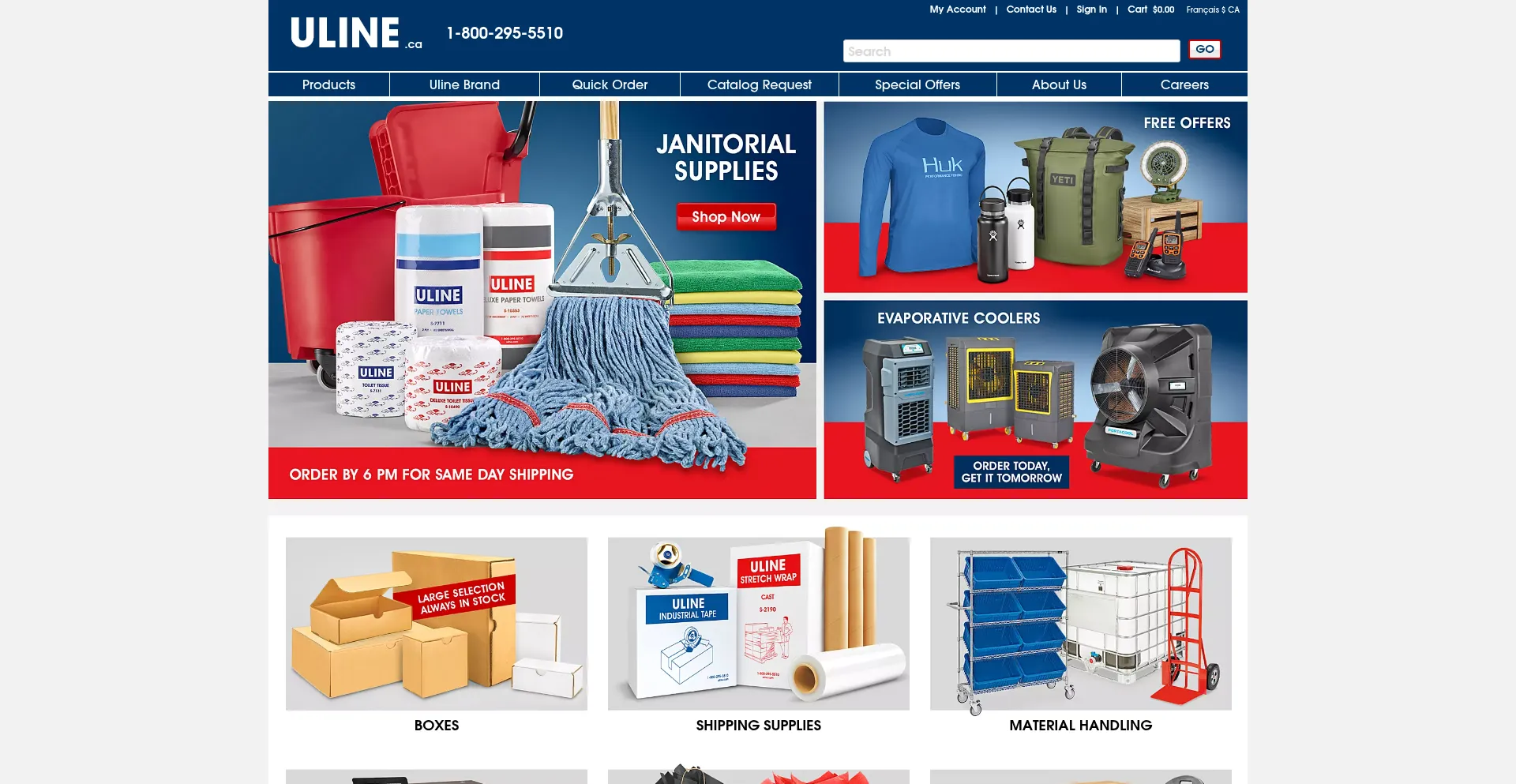 Website screenshot of Uline.ca
