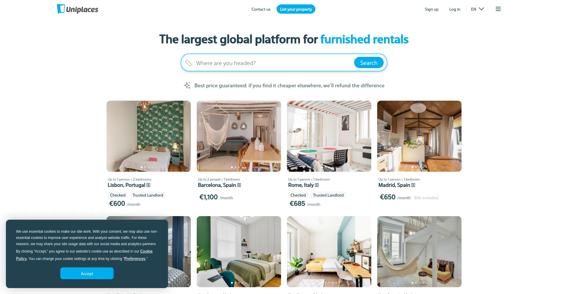 Website screenshot of Uniplaces.com