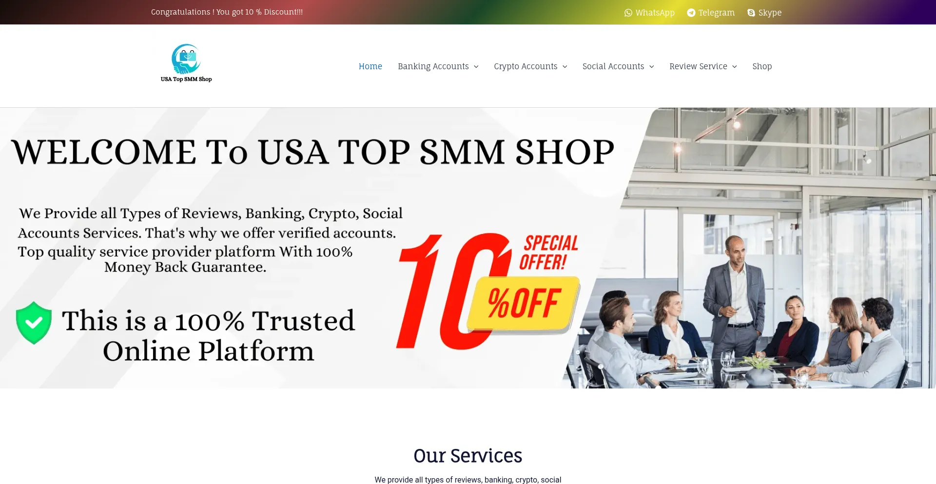 Website screenshot of Usatopsmmshop.com