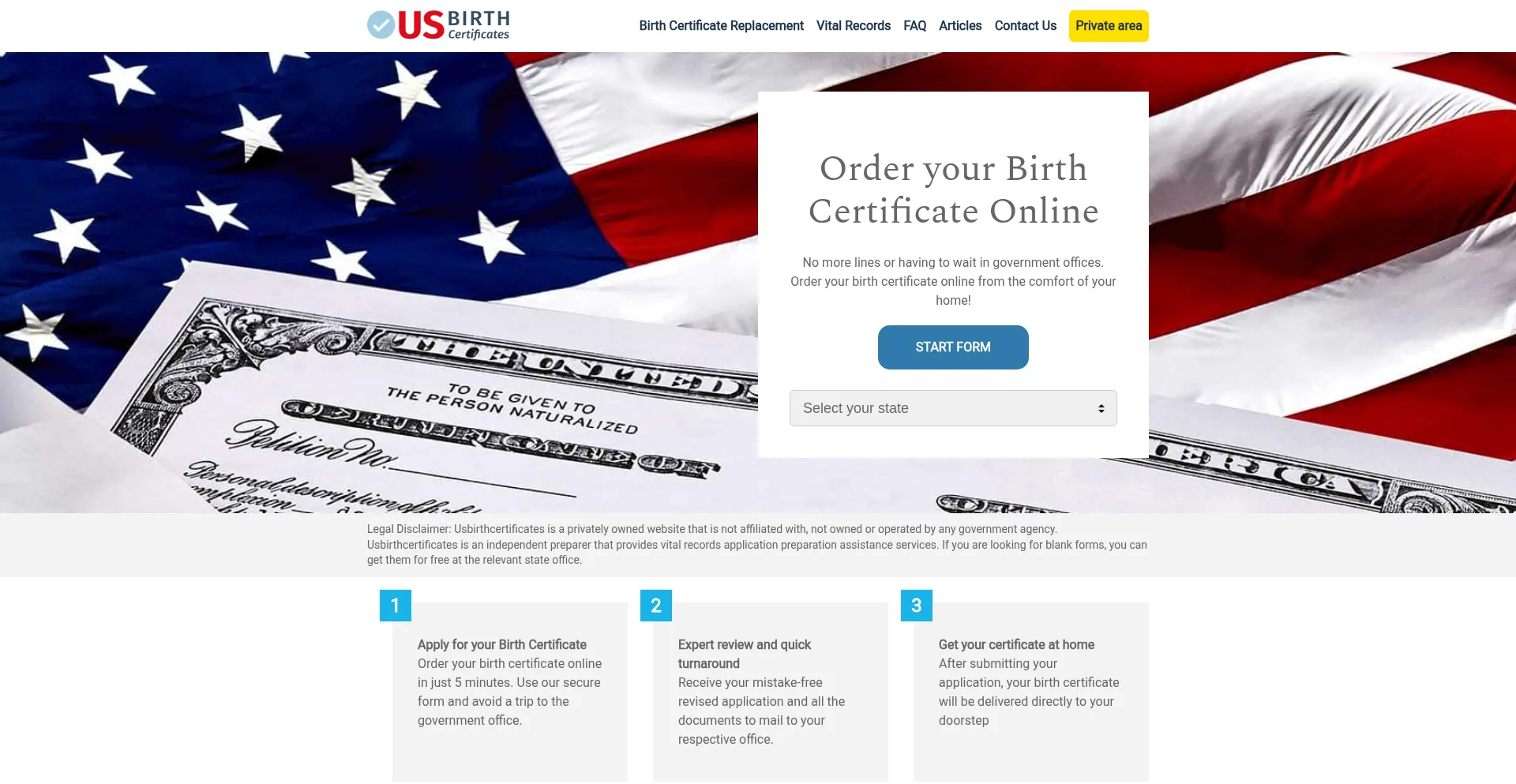 Website screenshot of Usbirthcertificates.com