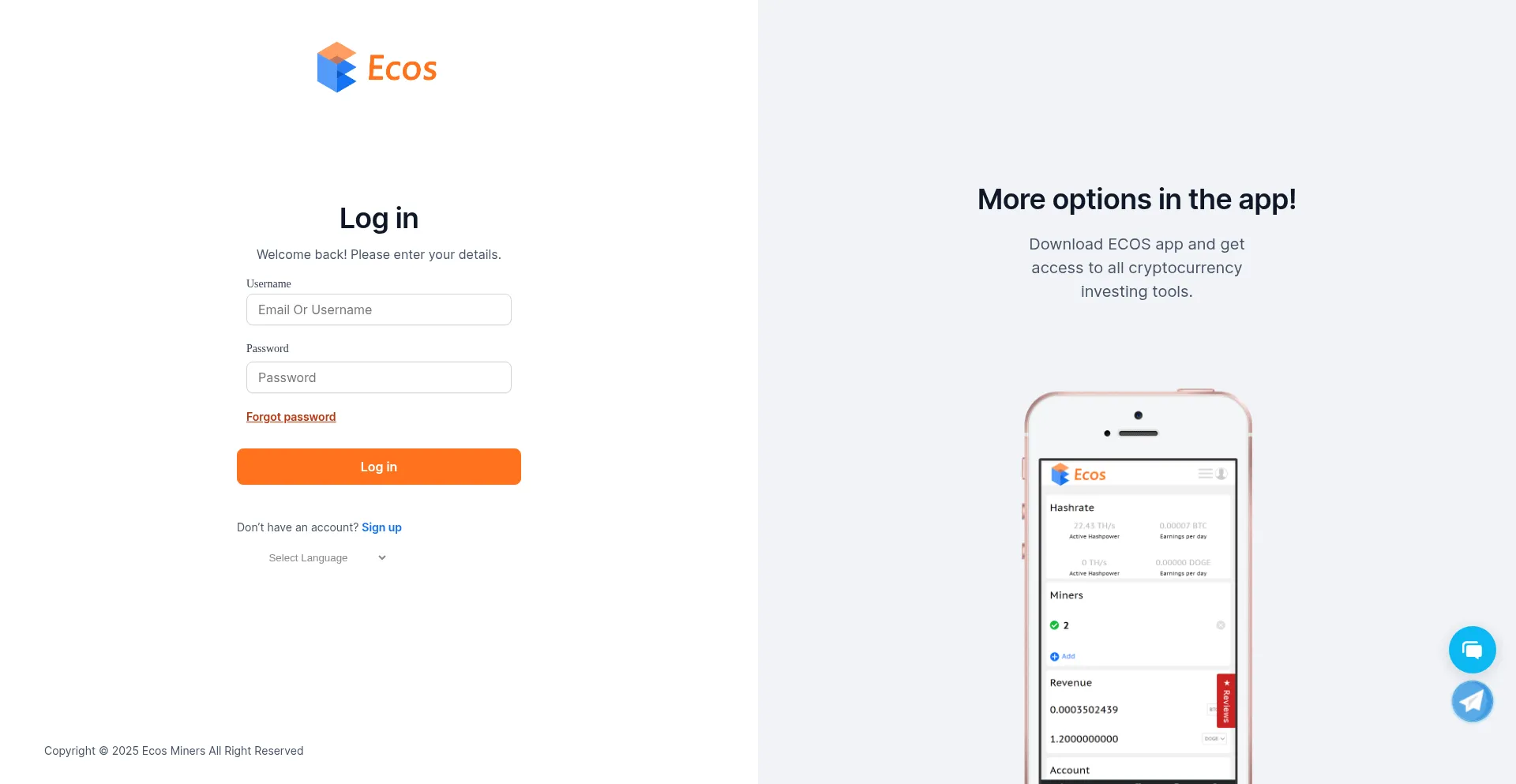 Website screenshot of User.ecosminers.com