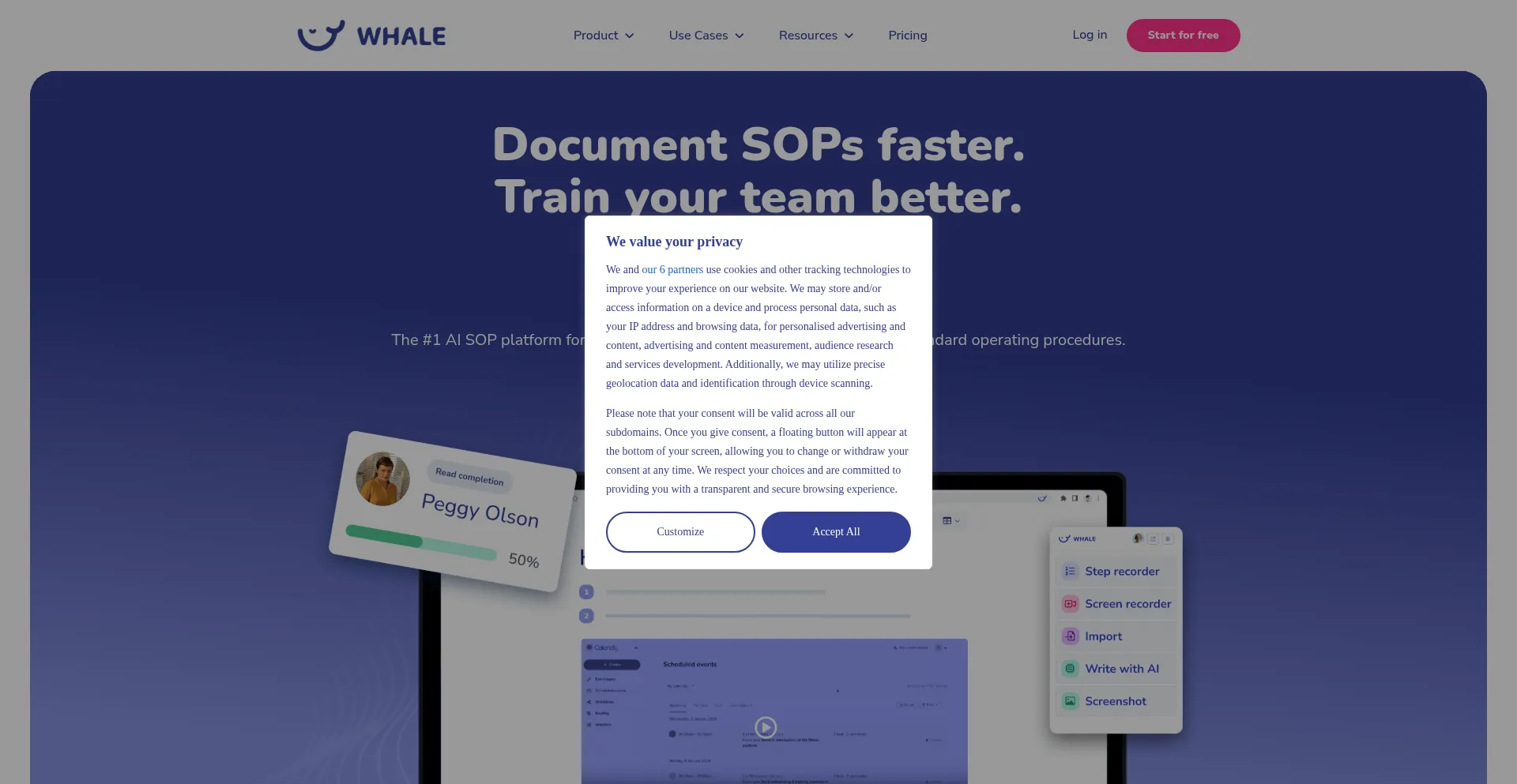 Website screenshot of Usewhale.io