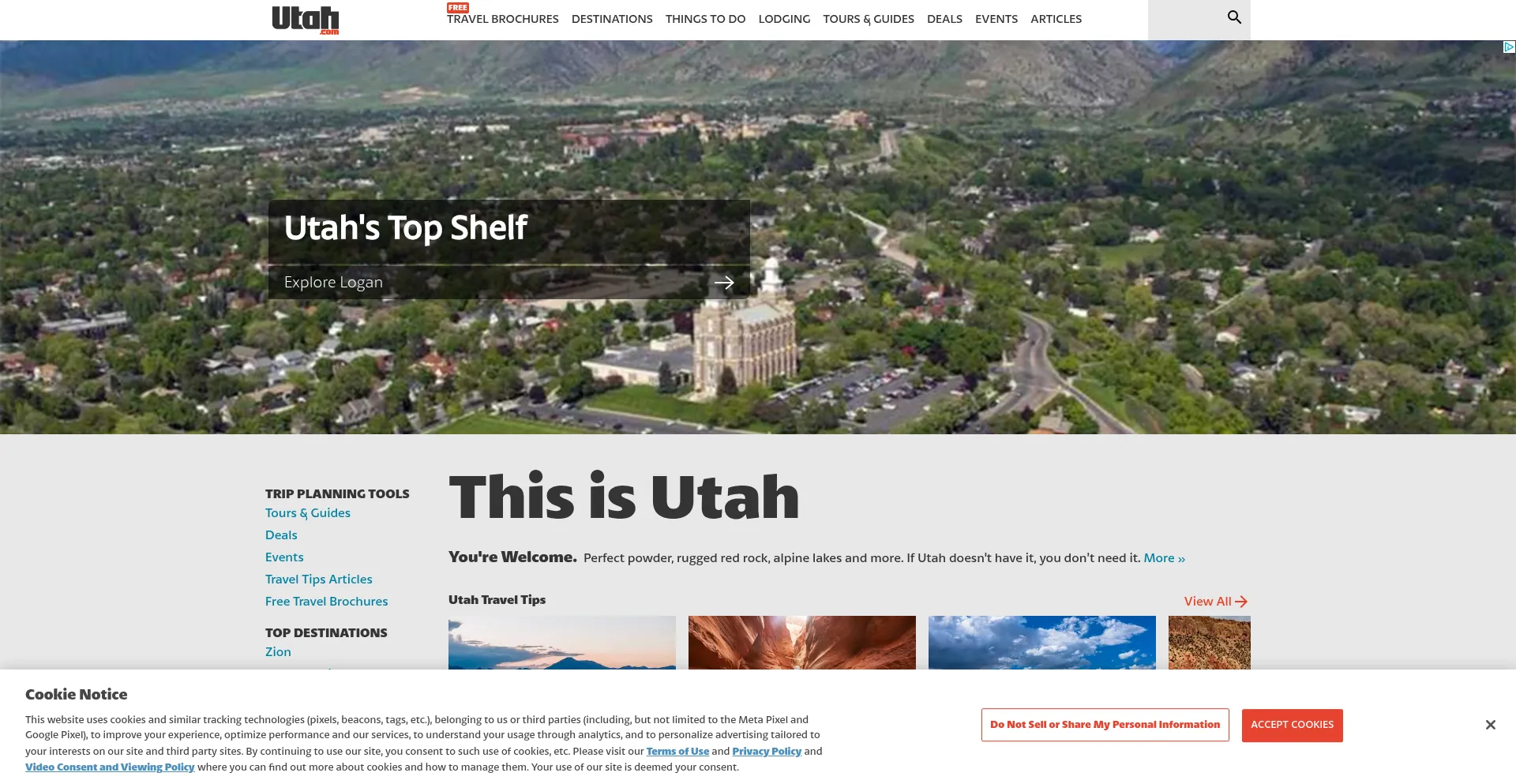 Website screenshot of Utah.com