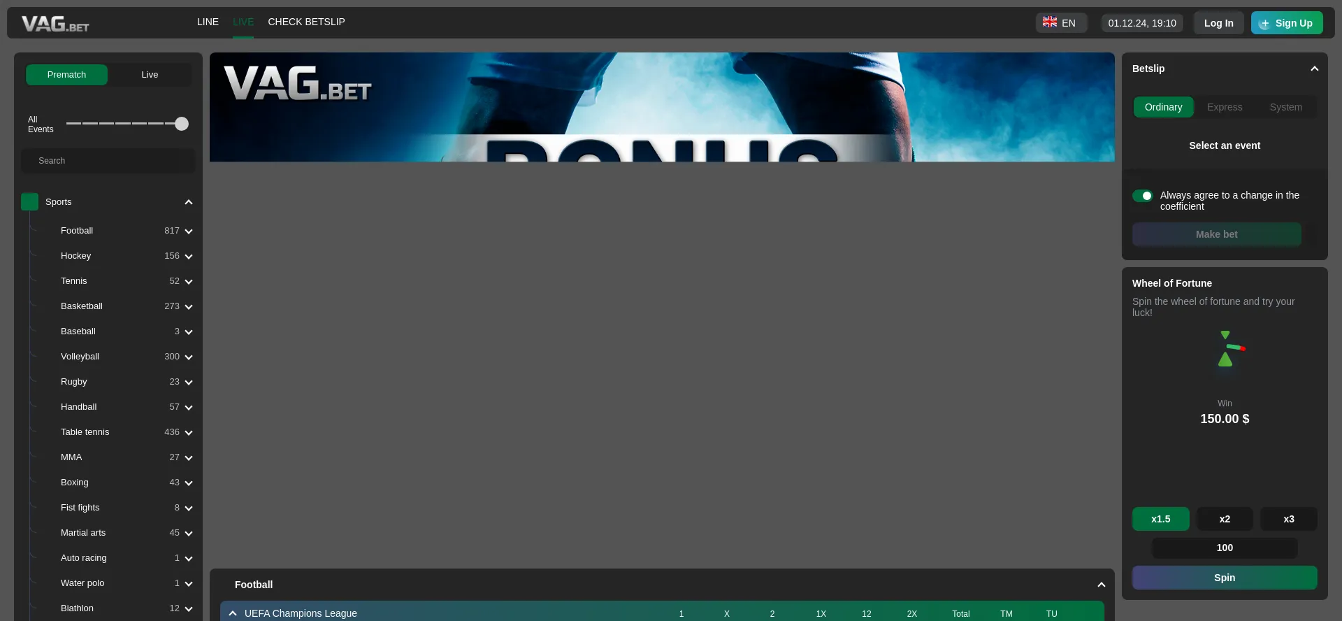 Website screenshot of Vag.bet