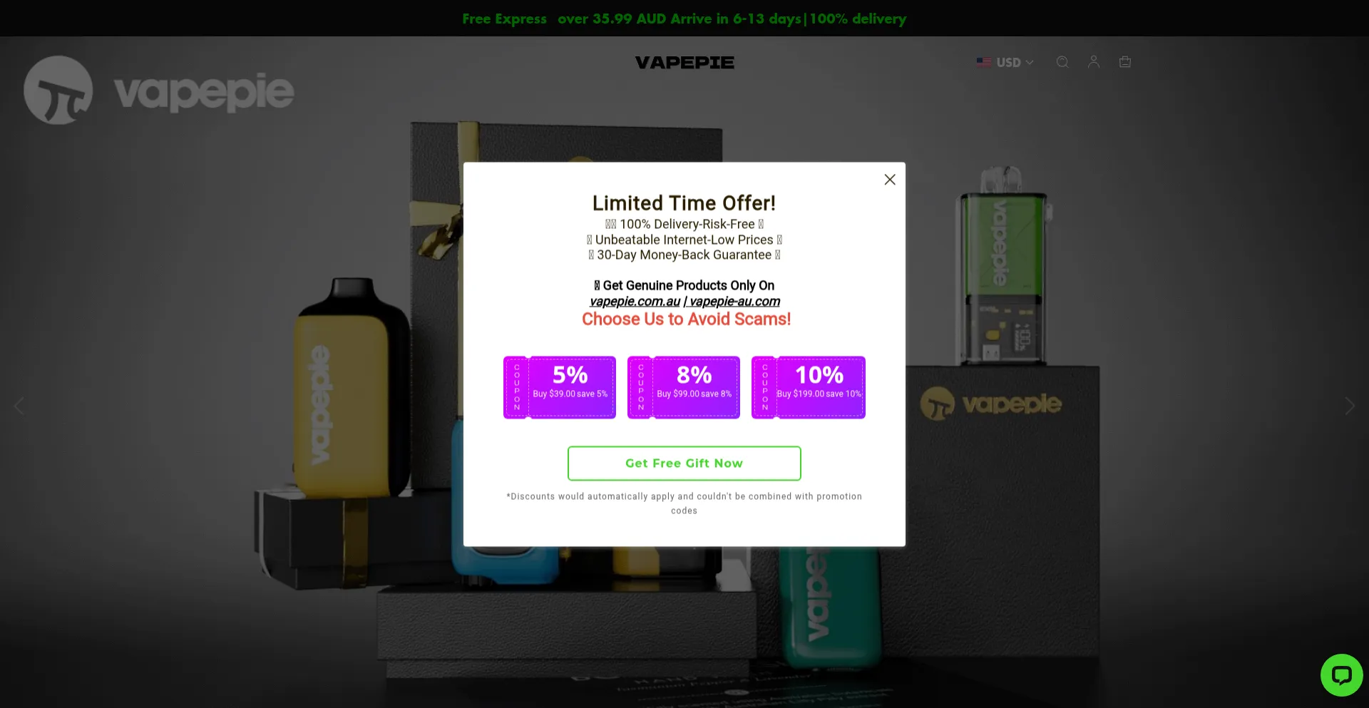 Website screenshot of Vapepie.com.au