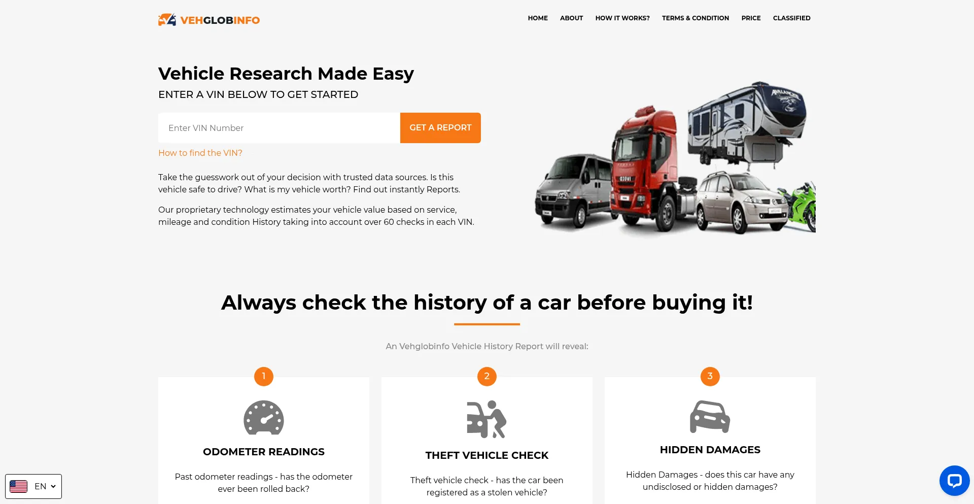 Website screenshot of Vehglobinfo.com