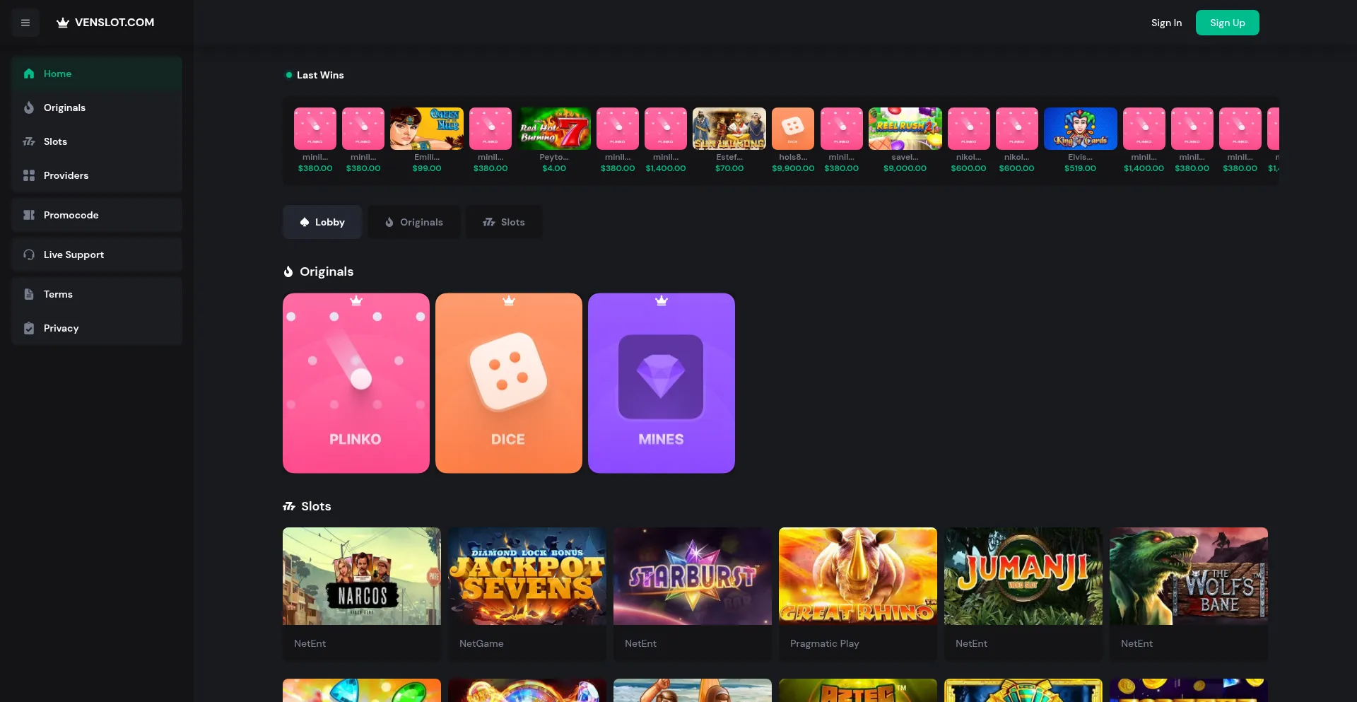 Website screenshot of Venslot.com