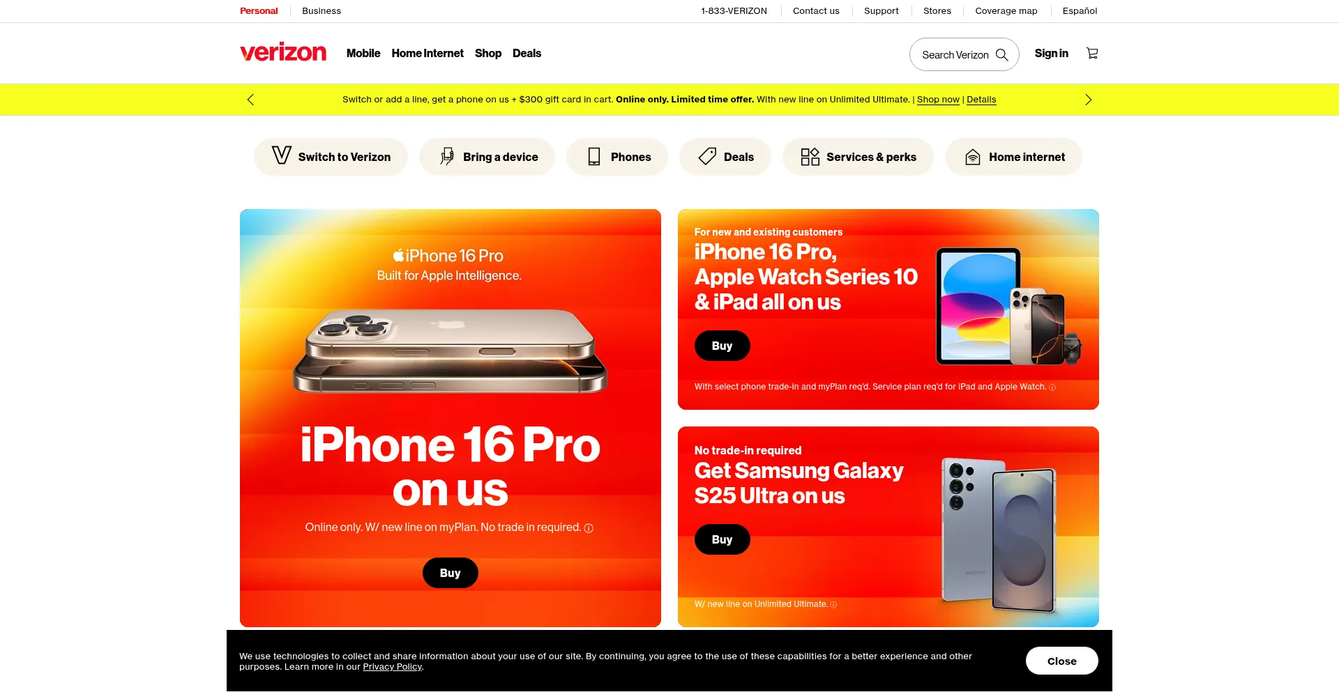 Website screenshot of Verizon.com