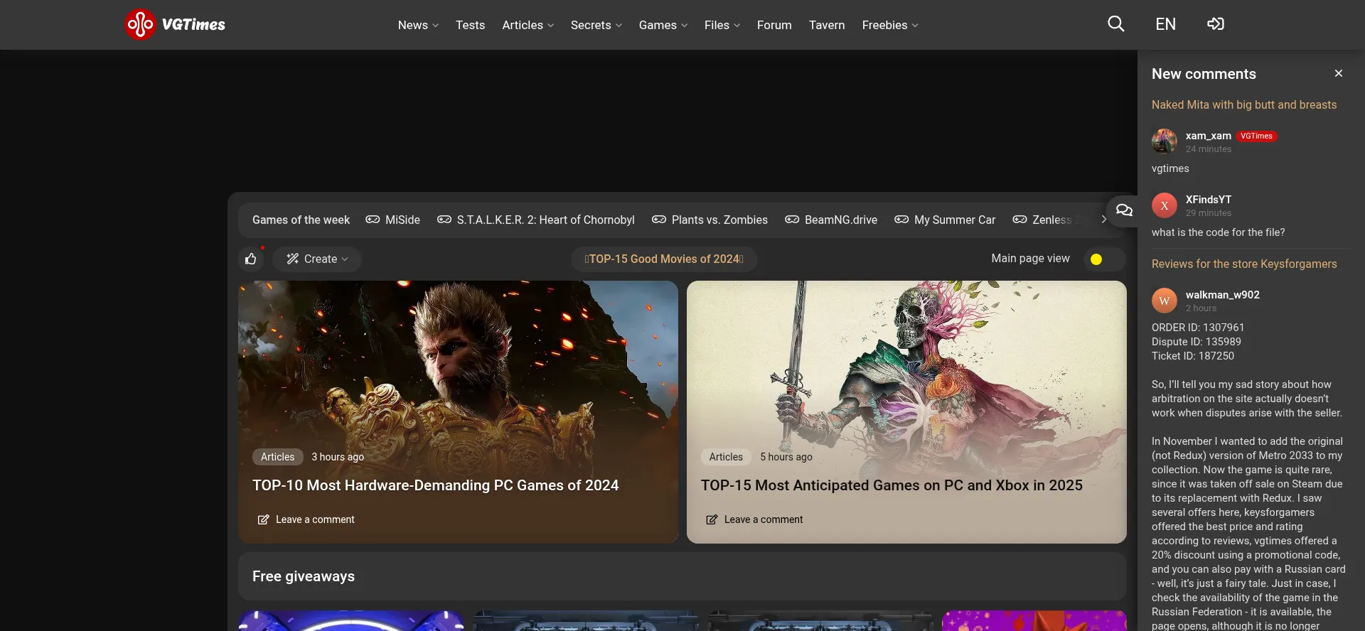 Website screenshot of Vgtimes.com