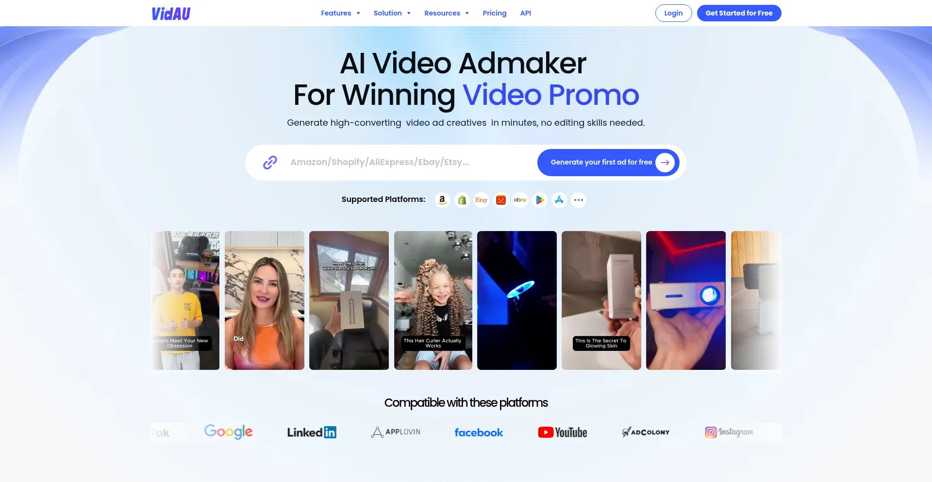 Website screenshot of Vidau.ai