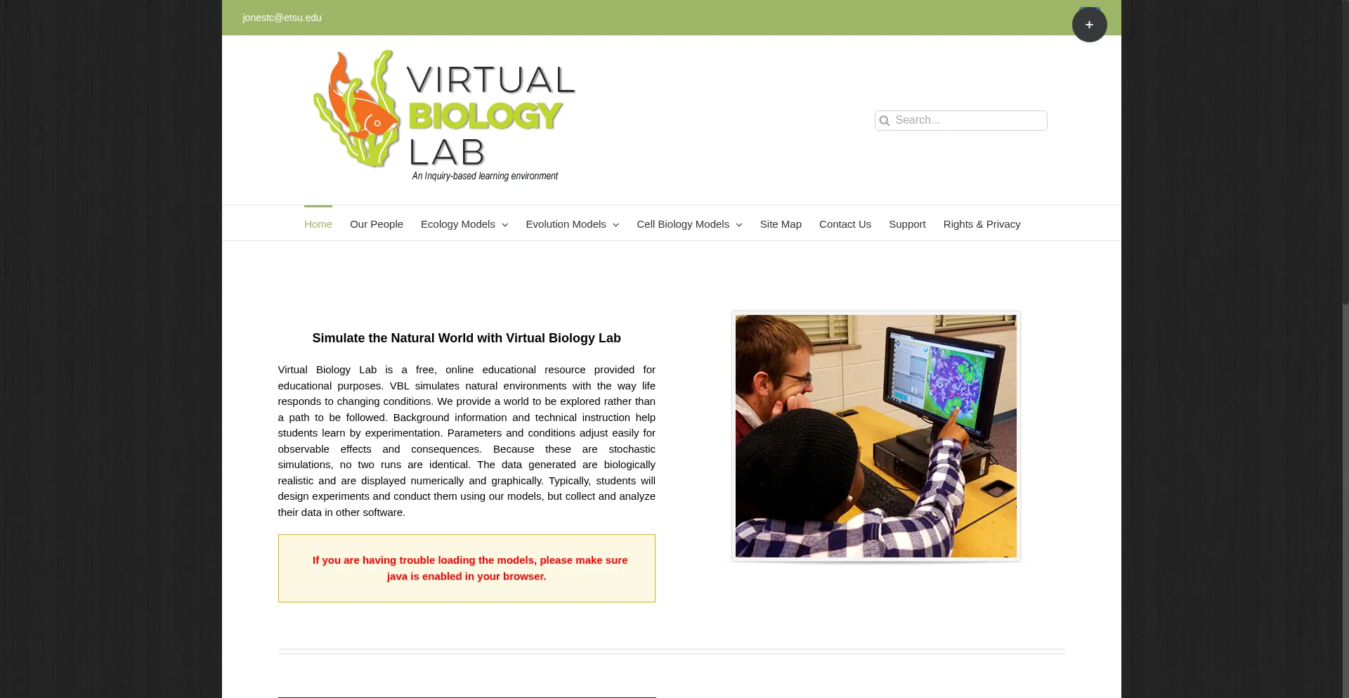 Website screenshot of Virtualbiologylab.org