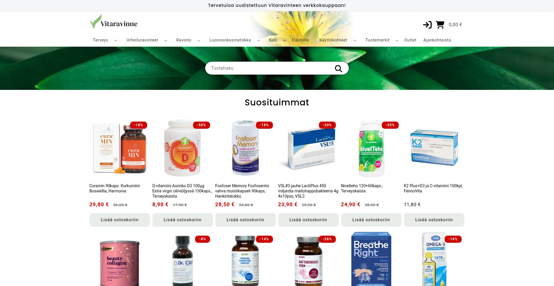 Website screenshot of Vitaravinne.fi