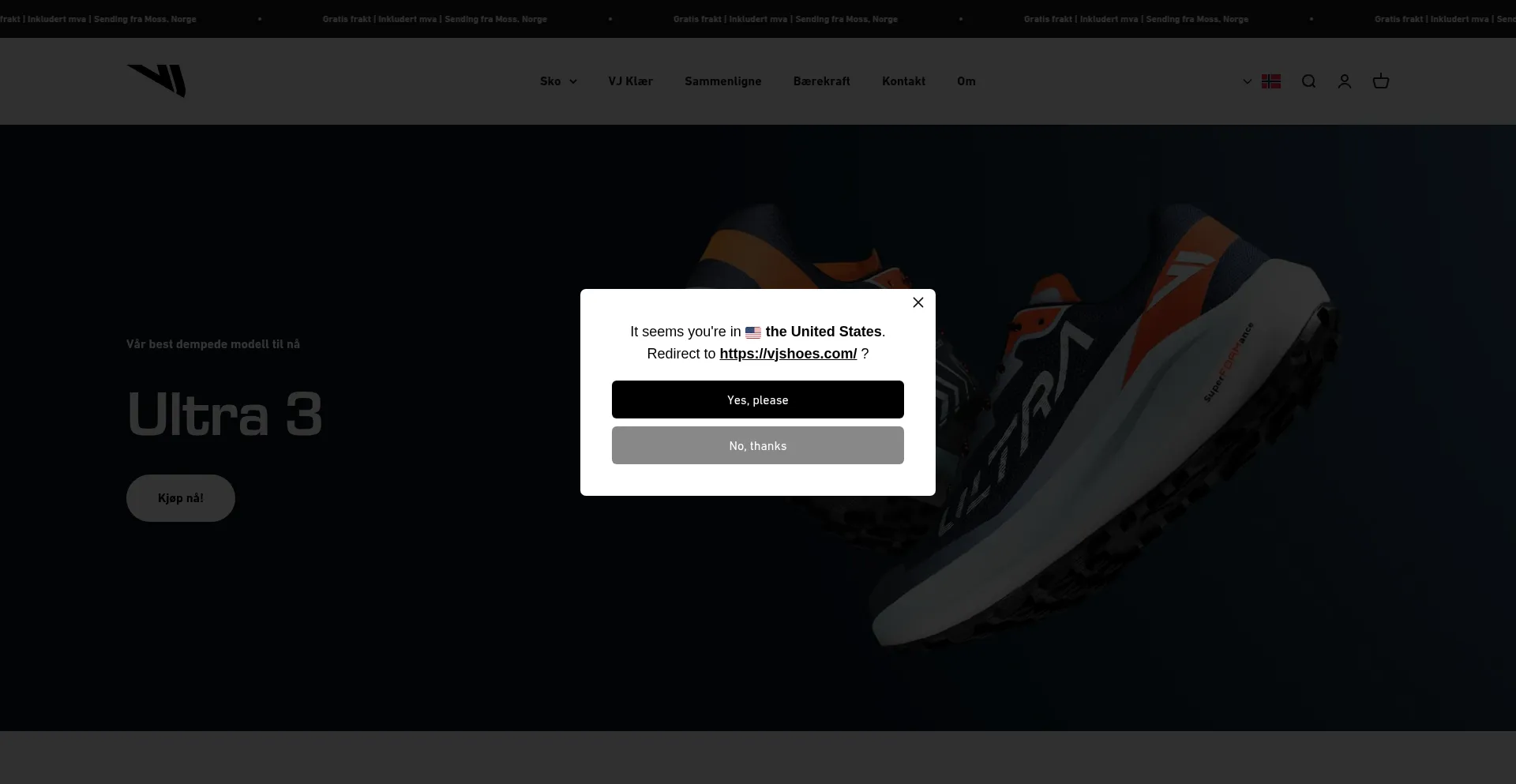 Website screenshot of Vjshoes.no