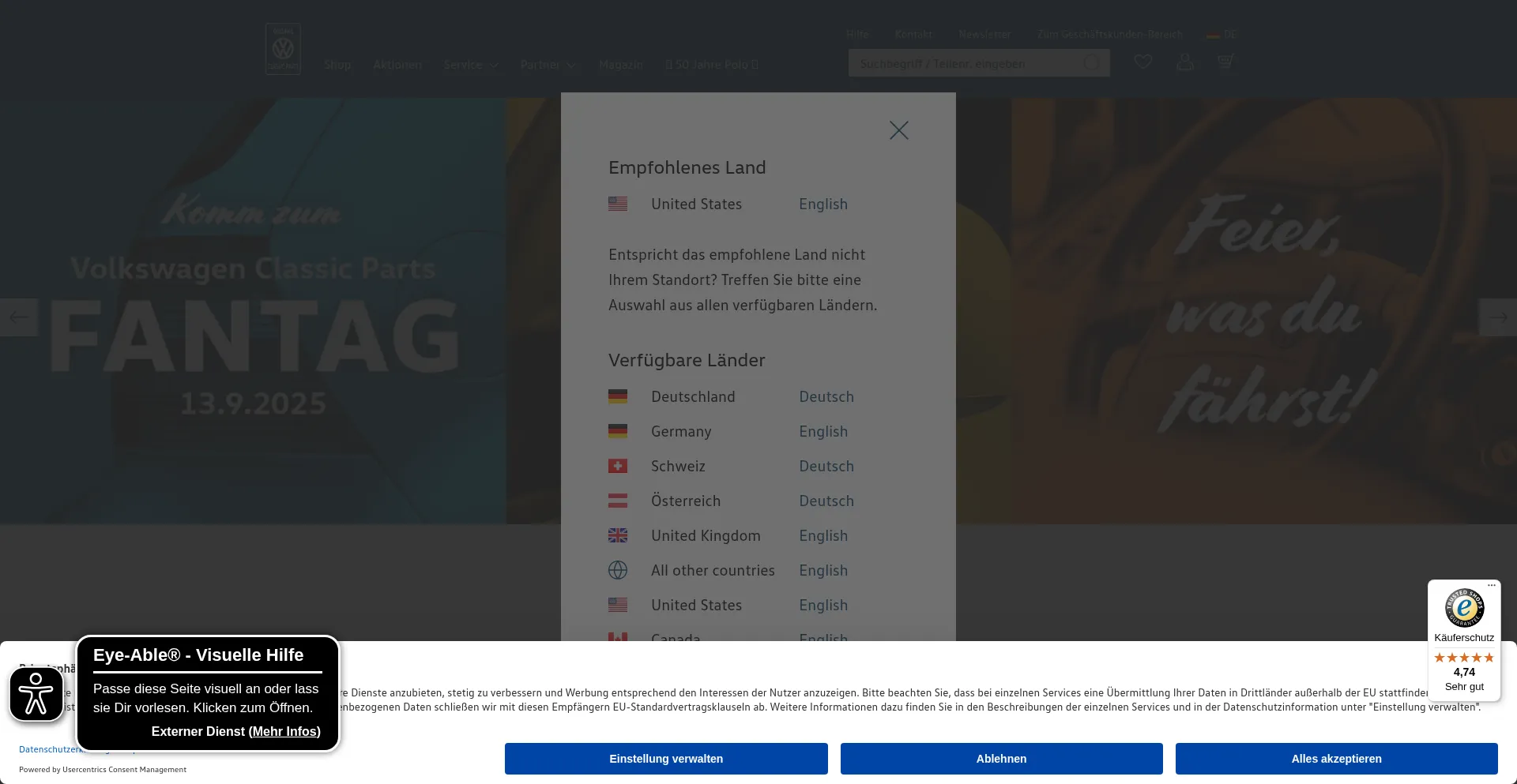 Website screenshot of Volkswagen-classic-parts.com