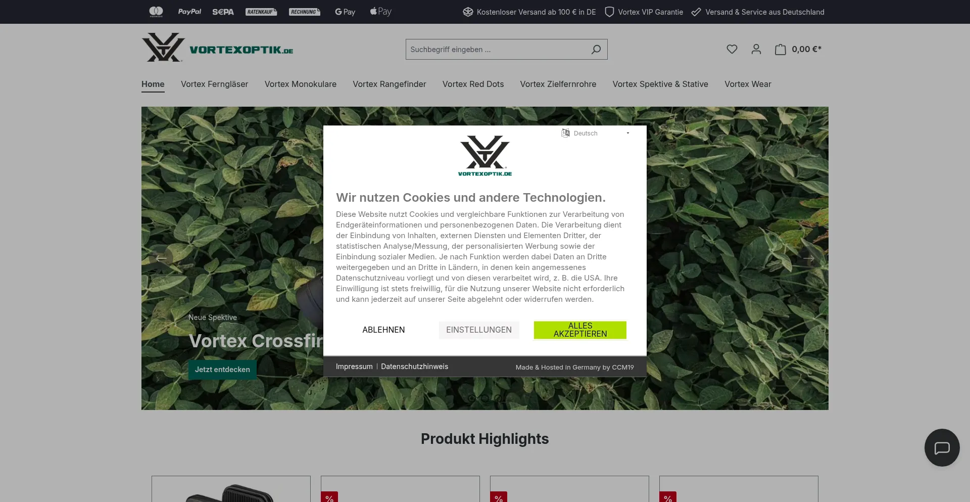 Website screenshot of Vortexoptik.de