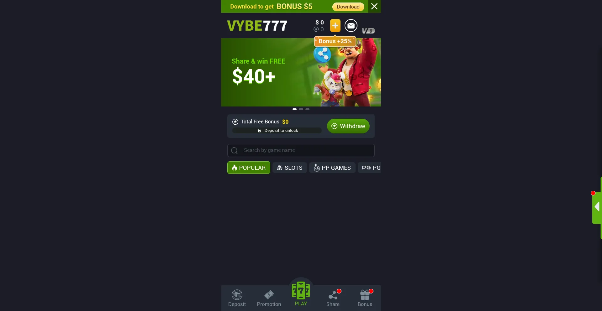 Website screenshot of Vybe777.com