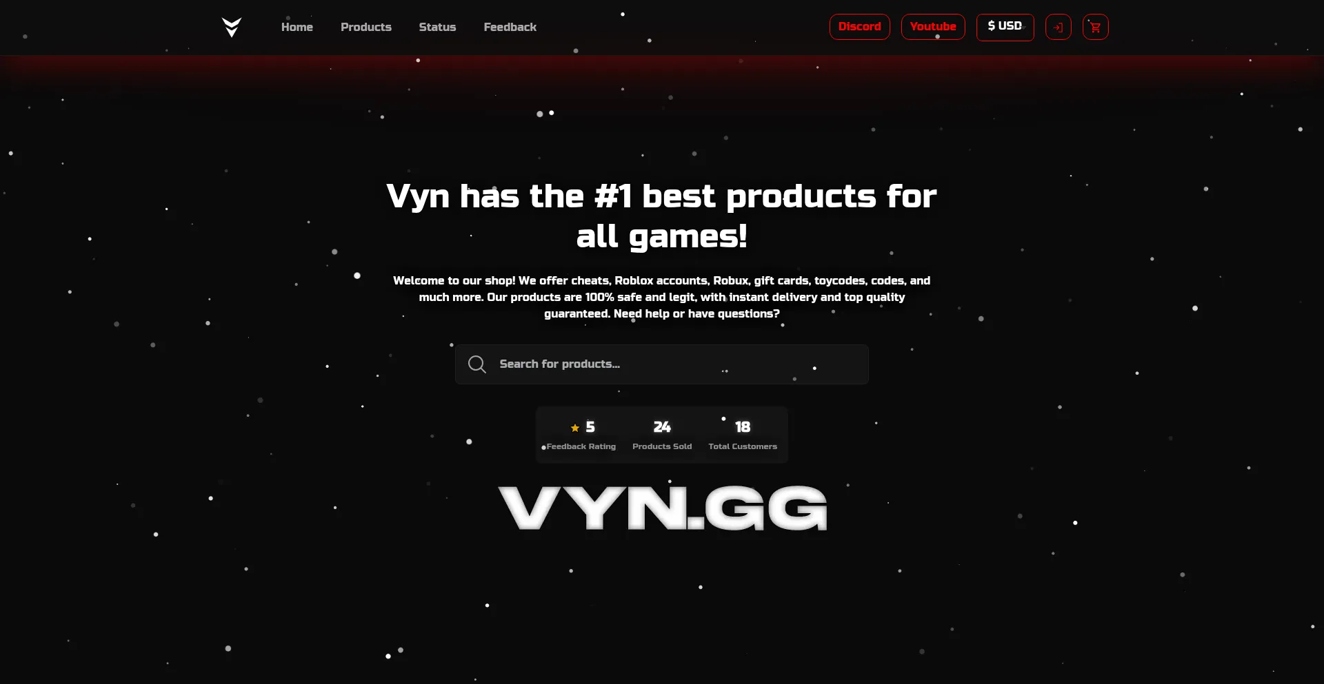 Website screenshot of Vynggofficial.mysellauth.com