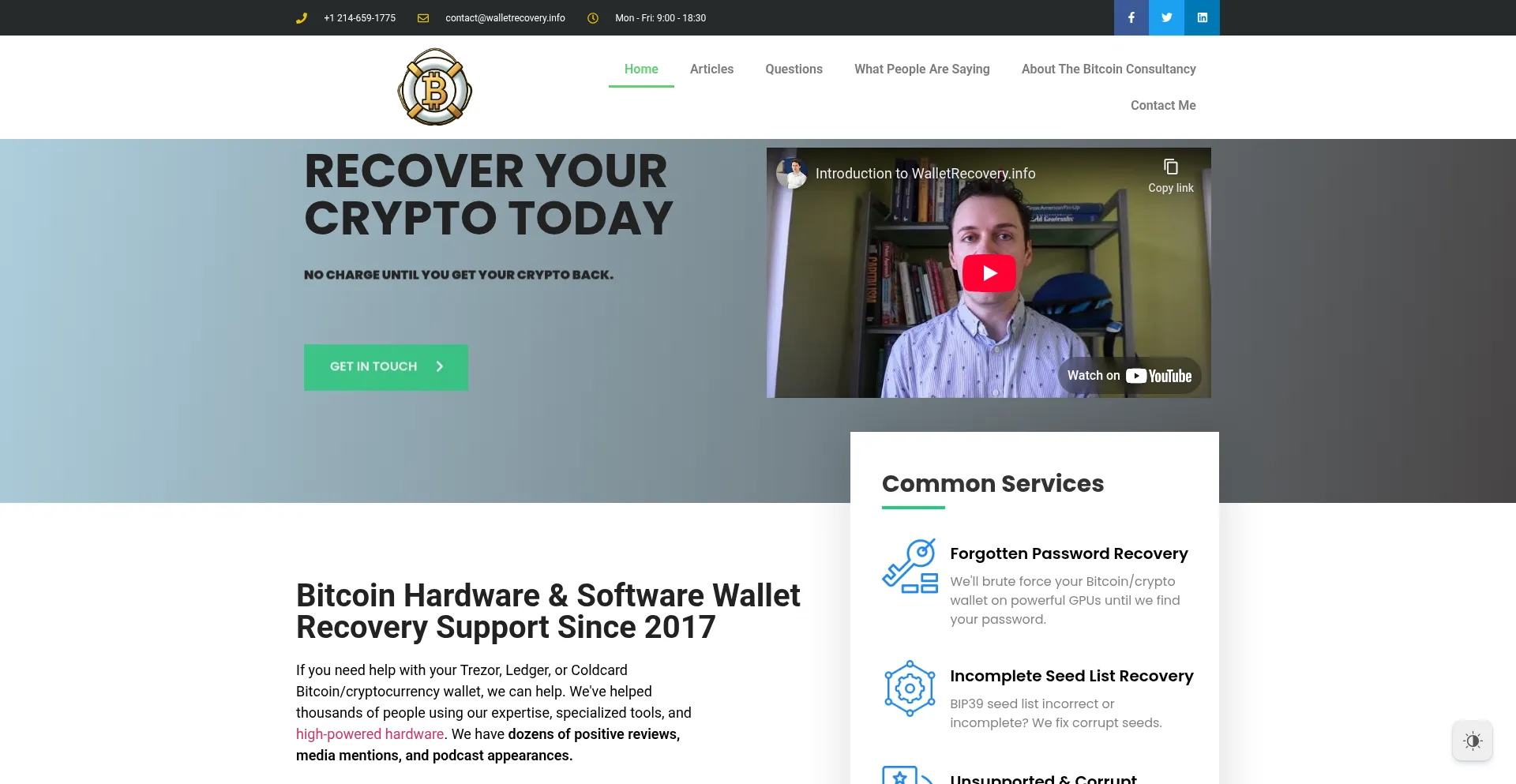 Website screenshot of Walletrecovery.info