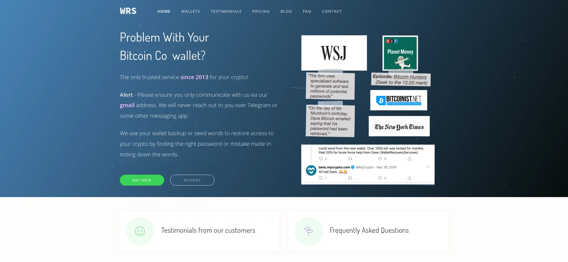 Website screenshot of Walletrecoveryservices.com