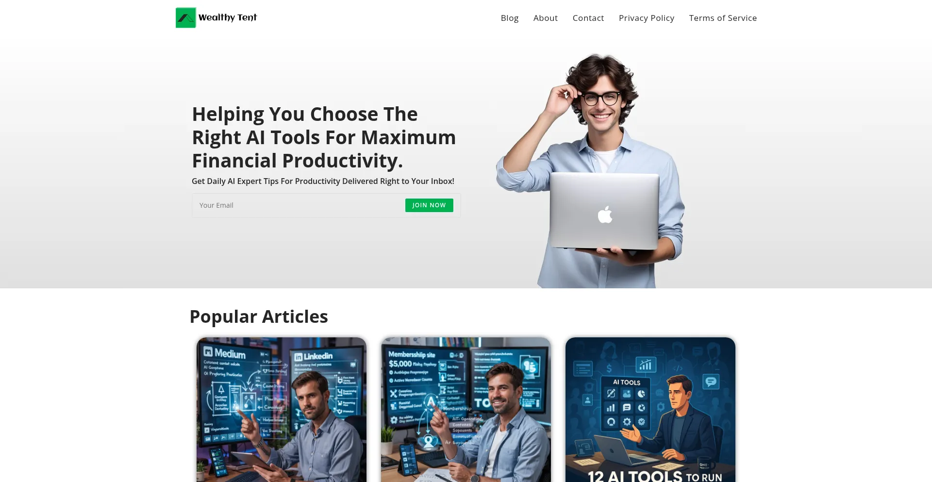 Website screenshot of Wealthytent.com