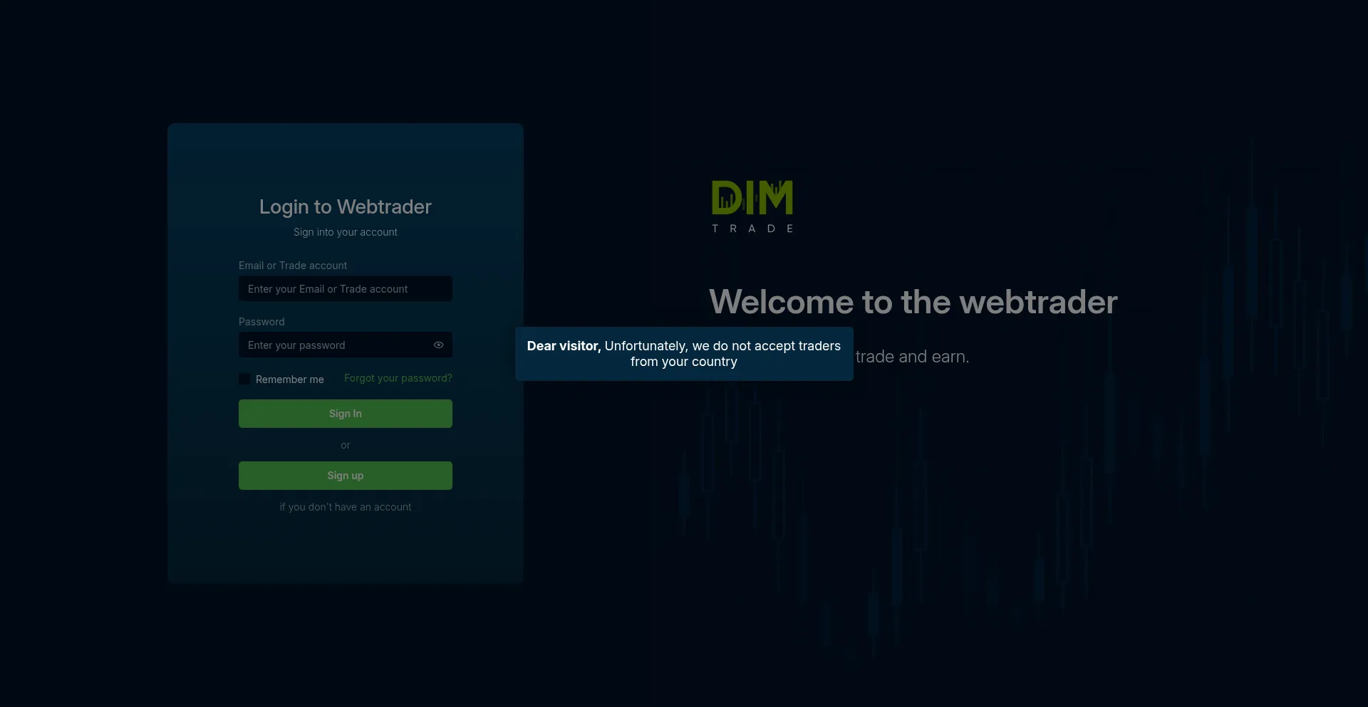 Website screenshot of Webtrader.dimgmbh.trade
