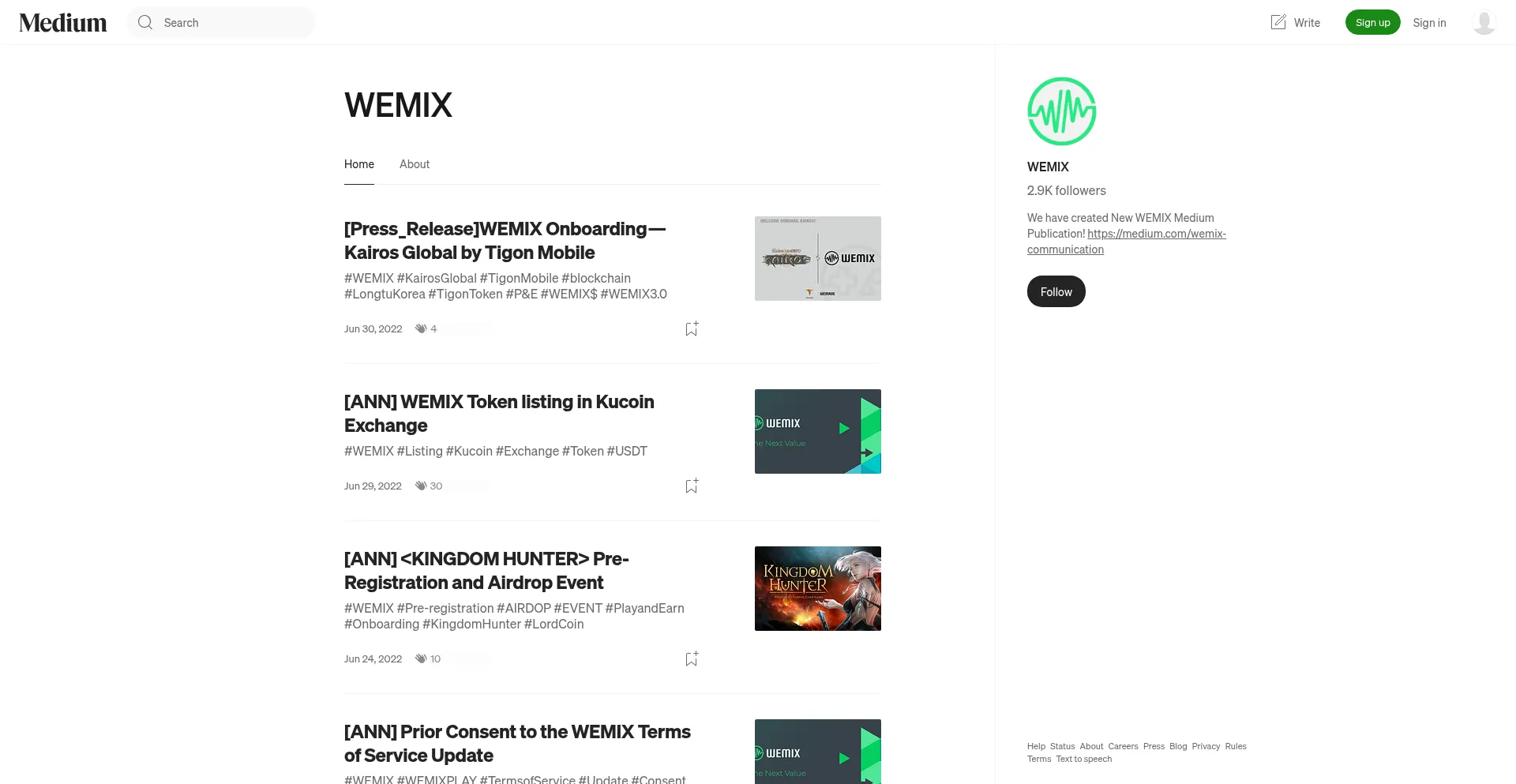 Website screenshot of Wemixnetwork.medium.com