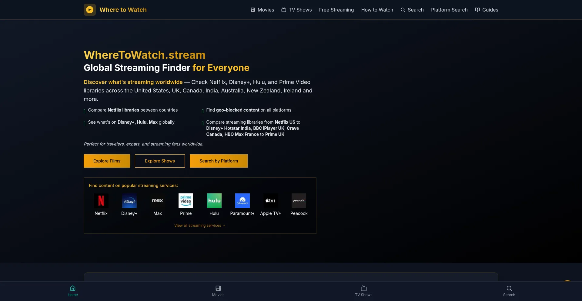 Website screenshot of Wheretowatch.stream